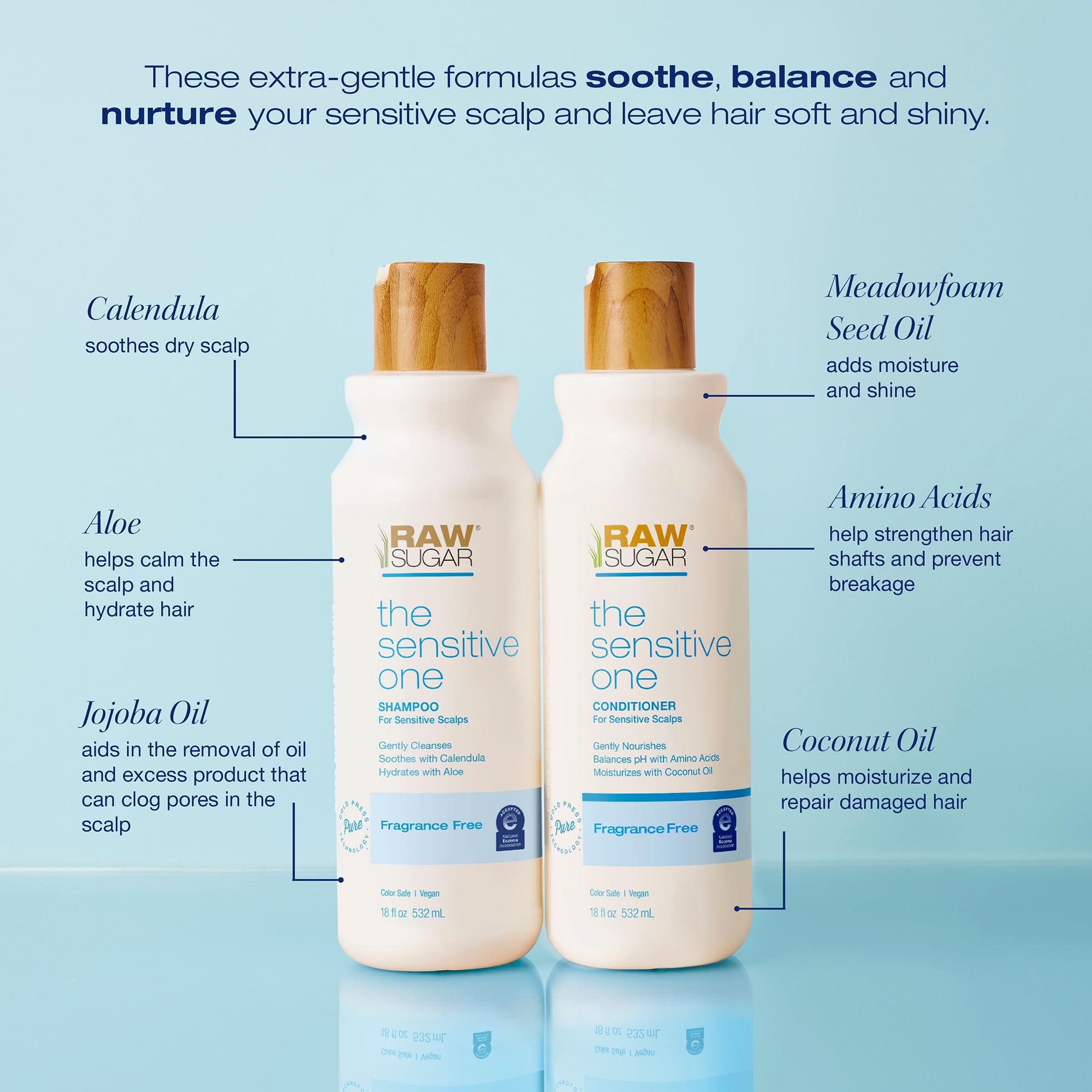 Raw Sugar Shampoo and Conditioner Set, The Sensitive One Hair Care Duo, 18 Fl Oz Each, Gently Cleanses, Soothes & Hydrates with Calendula & Aloe, No Fragrance, Sulfates & Parabens, Vegan