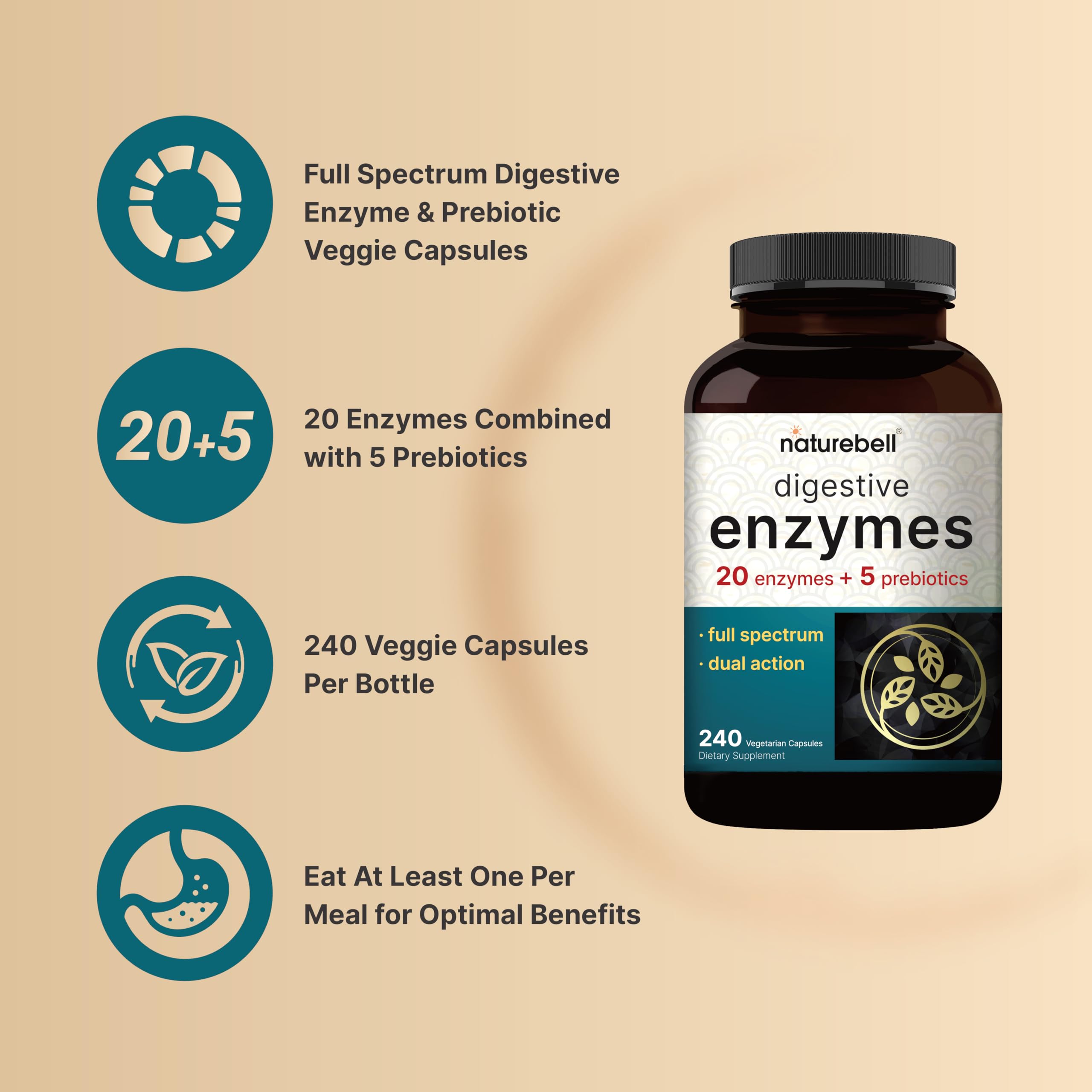 NatureBell Digestive Enzymes with Probiotics and Prebiotics, 240 Veggie Capsules | Gut & Digestive Health Support – 20 Enzyme & 5 Prebiotic Pancreatic Complex | Non-GMO, Vegan Friendly