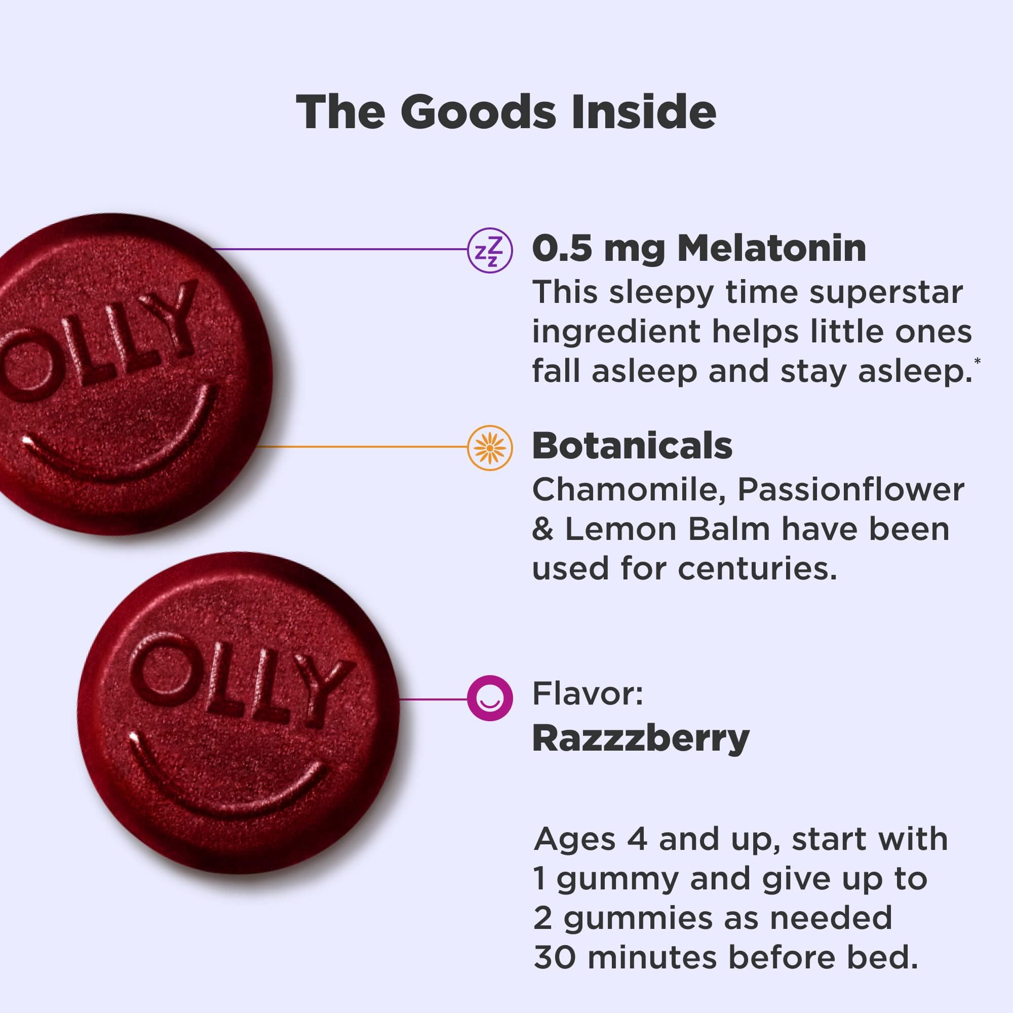 OLLY Kids Sleep Gummy, 0.5mg Melatonin, L Theanine, Chamomile, and Lemon Balm, Childrens Chewable Supplement, Occasional Sleep Support, Raspberry - 60 Count