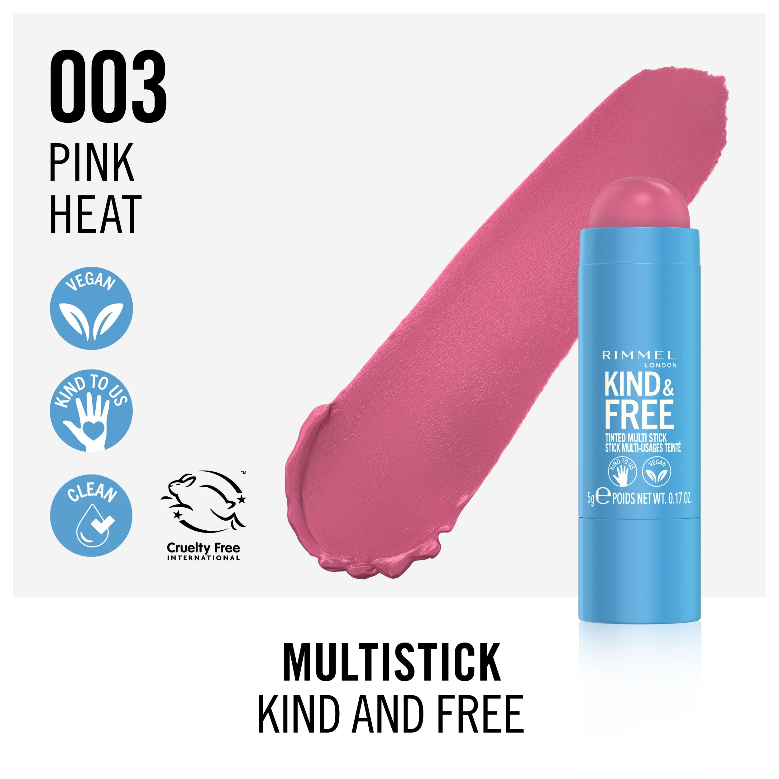Rimmel London Kind & Free, 003 Pink Heat, Multi-Stick, For Cheeks and Lips, Hydrating, Buildable Color, Vegan Formula, Clean Formula, 0.18oz