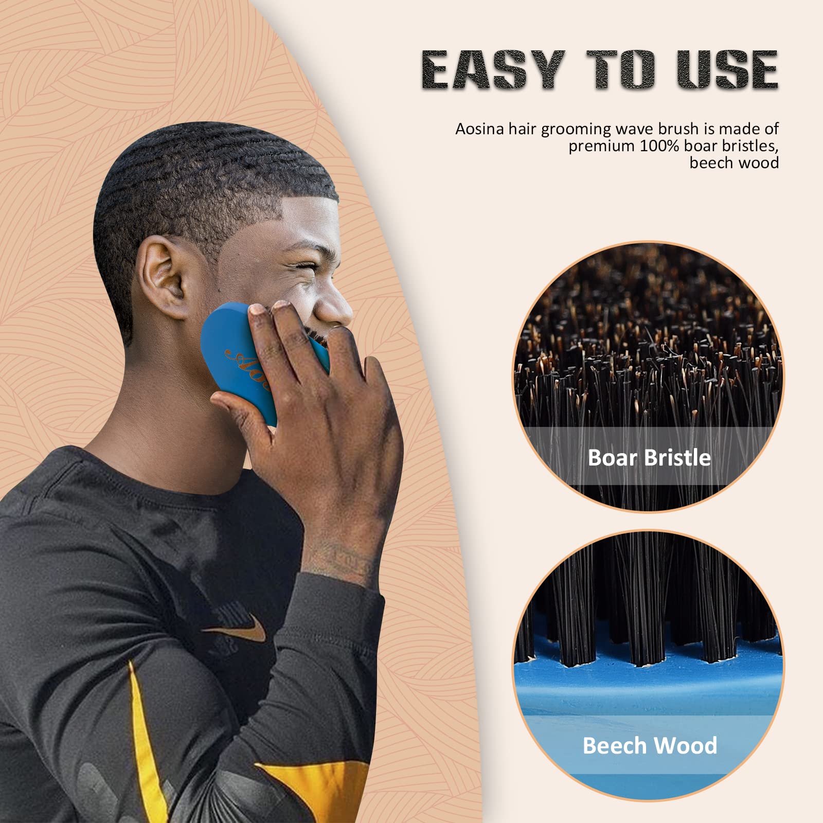 Aosina Medium Curved Palm Wave Brush 360 Wave Brush Made With Pure Black Boar Bristle Hair Brush Designed for Thin and Normal Hair-Mens Curved Military Wave (Blue)