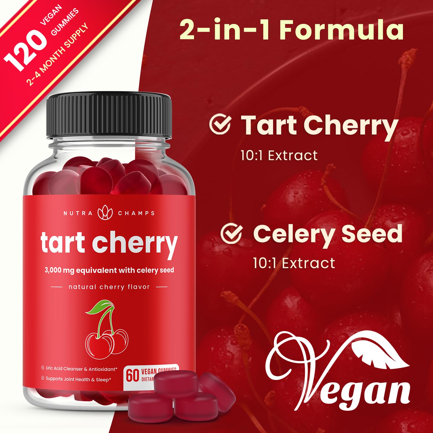 NutraChamps Tart Cherry Gummies - 3000mg Tart Cherry Extract with Celery Seed - Uric Acid Cleanse Supplement - Antioxidant, Joint Comfort, Flexibility, Immune Health, Sleep - 60 Vegan Gummies (2-Pack)
