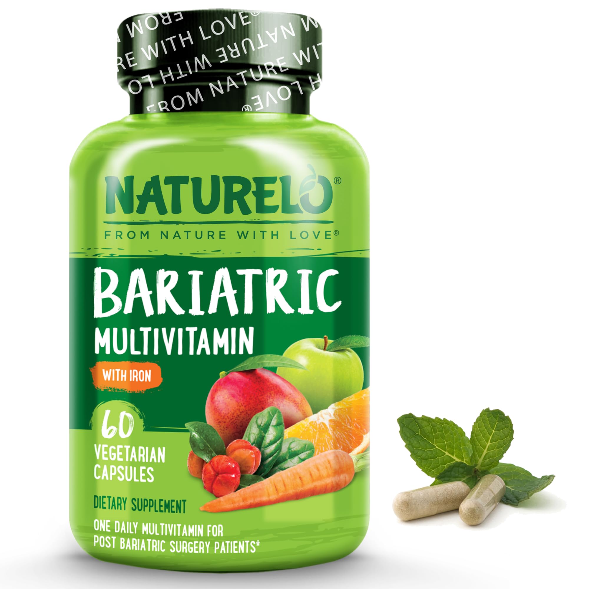 NATURELO Bariatric Multivitamin - One Daily with Iron - Supplement for Post Gastric Bypass Surgery Patients - Natural Whole Food Nutrition - 60 Veggie Capsules