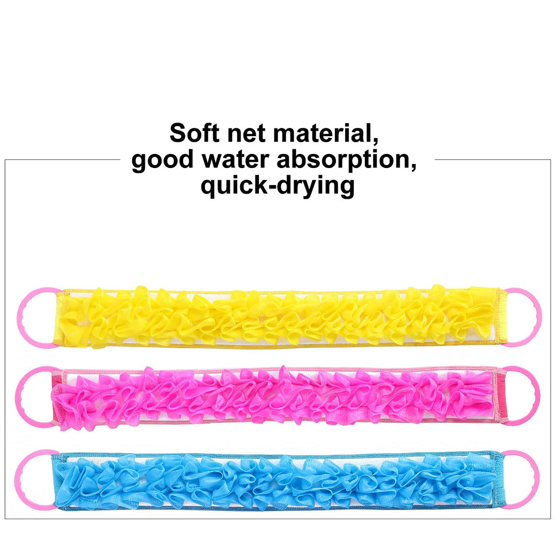 3 PACK Double-Sided Bath Scrubber, Back Scrub Loofah, Long Shower Washcloth With Handle, Pouf Lotion Cream Skin Issue Medicinal lotion Summer Beach Sunscreen Applicator (3 PACK Back Scrubber)