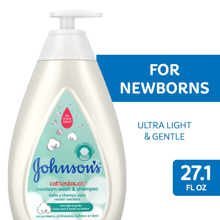 Johnson's CottonTouch Newborn Baby Wash & Shampoo, Made with Real Cotton, 27.1 fl. oz