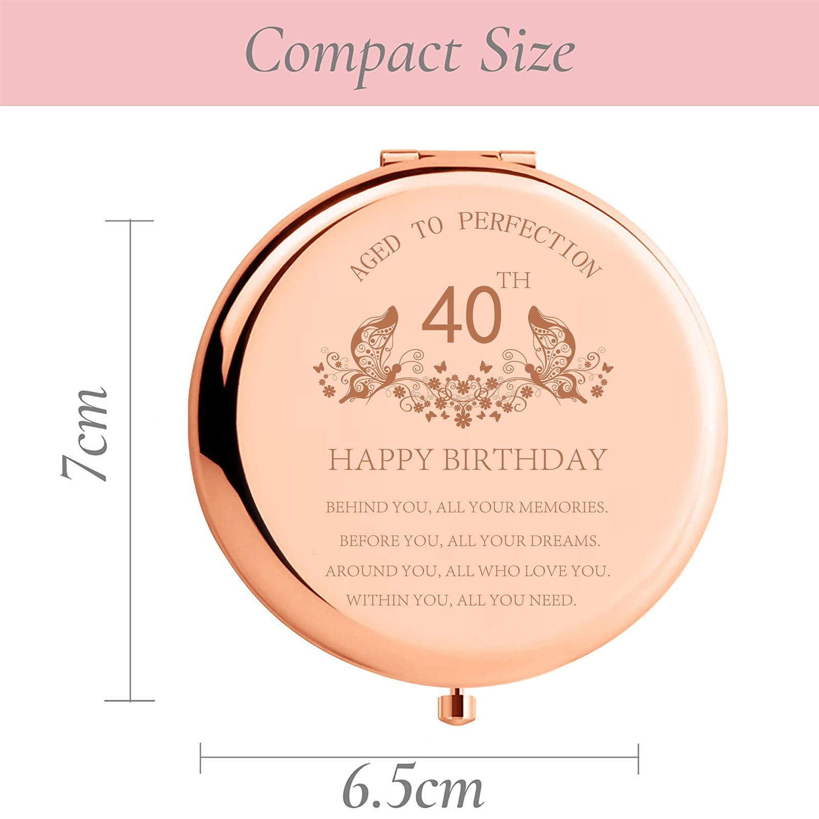 SFHMTL 40th Birthday Gift for Mom Stainless Steel Portable Compact Makeup Mirror Behind You All Your Memories Presents with Gift Box Engraved Cosmetic Mirror for Aunt Wife Coworker Rose Gold