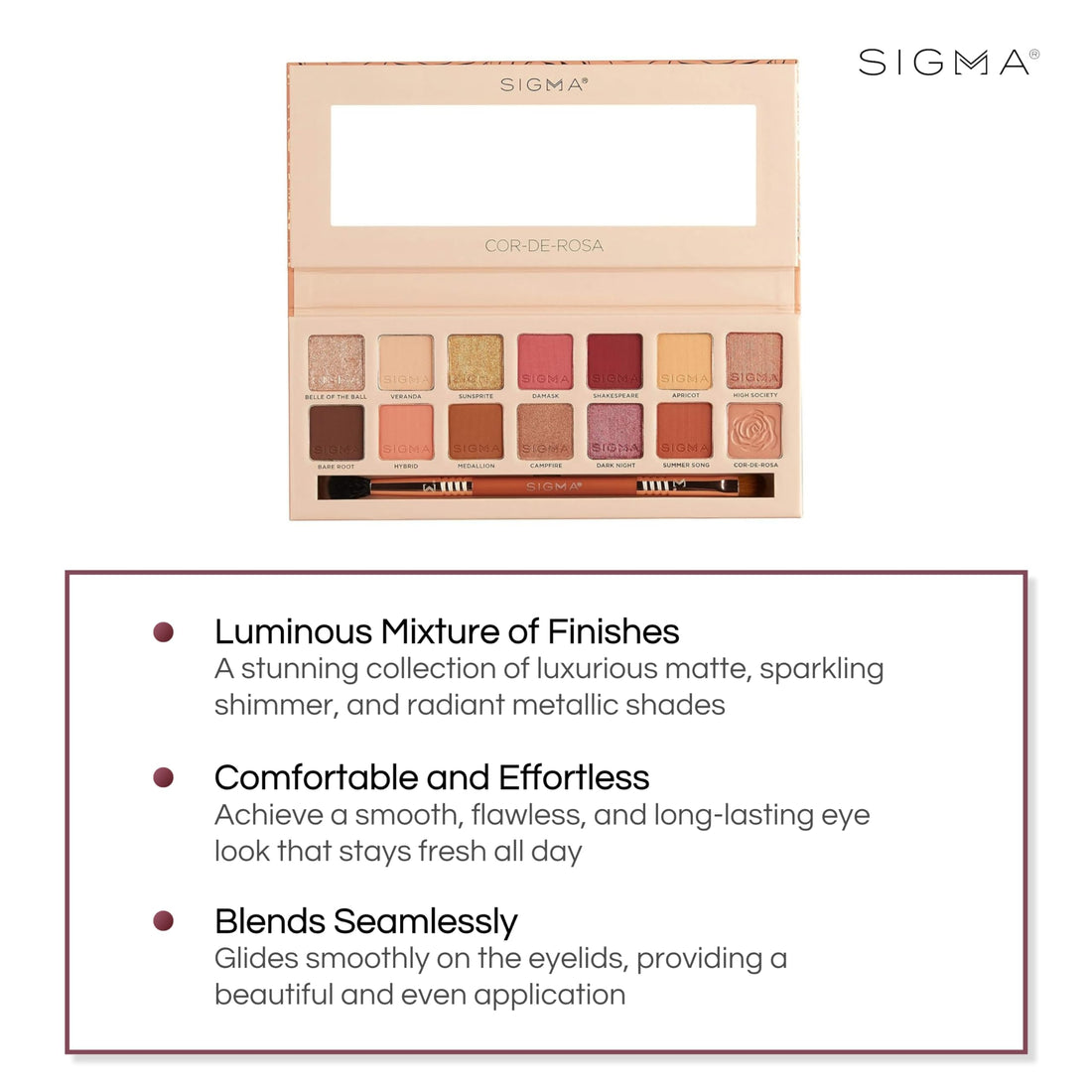 Sigma Beauty 14 Shade Eyeshadow Makeup Color Palette Shimmer Glitter Eye Cosmetic Powder, Cor-De-Rosa