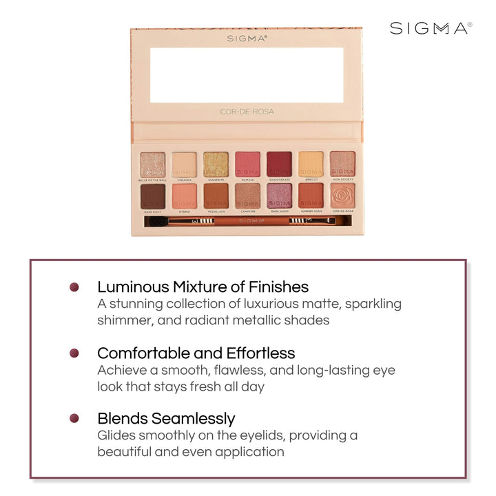 Sigma Beauty 14 Shade Eyeshadow Makeup Color Palette Shimmer Glitter Eye Cosmetic Powder, Cor-De-Rosa