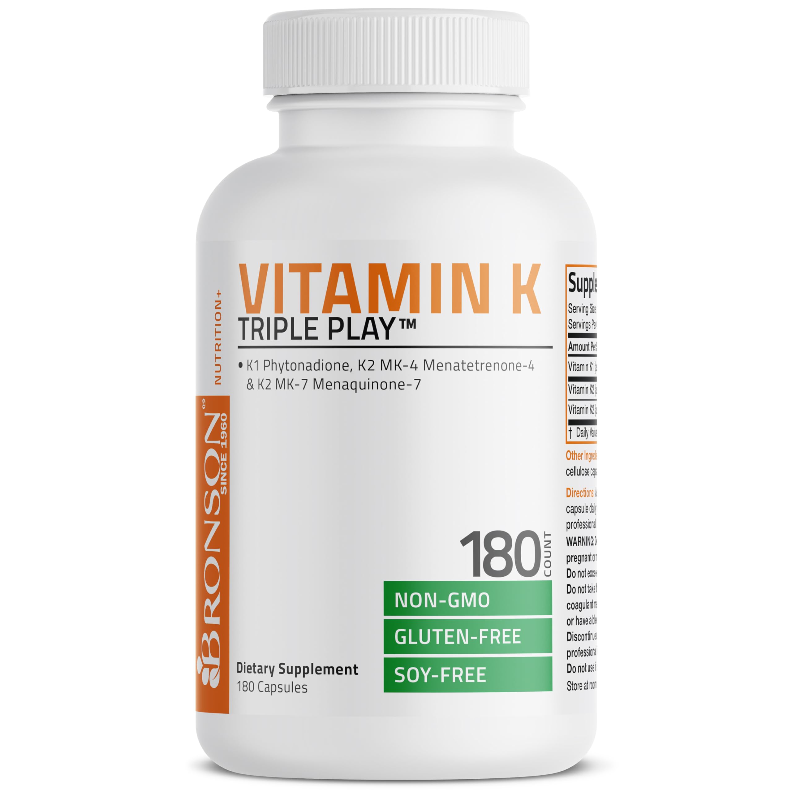 Vitamin K Triple Play (Vitamin K2 MK7 / Vitamin K2 MK4 / Vitamin K1) Full Spectrum Complex Vitamin K Supplement, 180 Capsules
