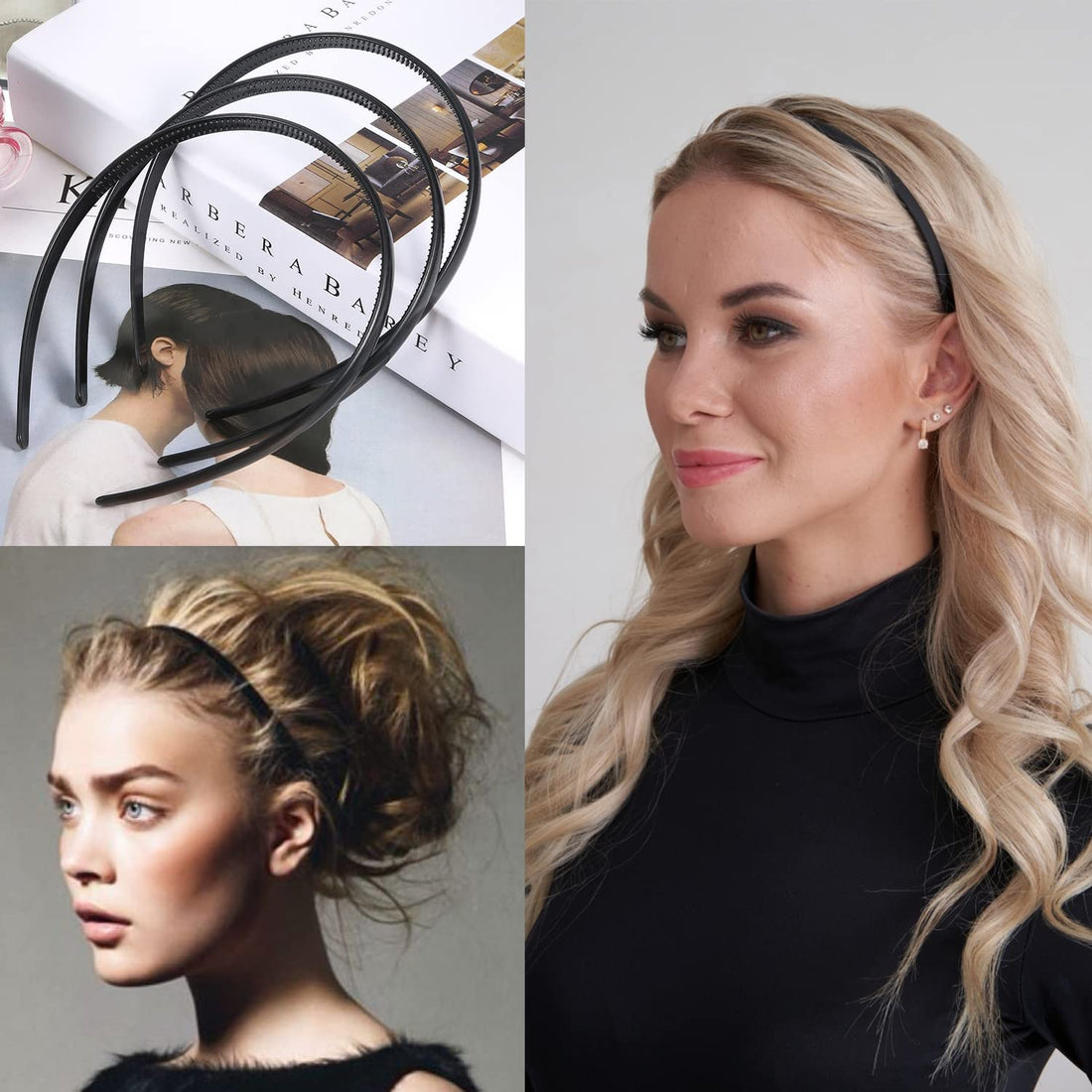 ULTIMUTE 8 PCS Fashion Effortless Plastic Headbands with Teeth Comb Black Skinny Headbands No Slip Hair Accessories Bands for Women Men Teen Girls, Bright Black