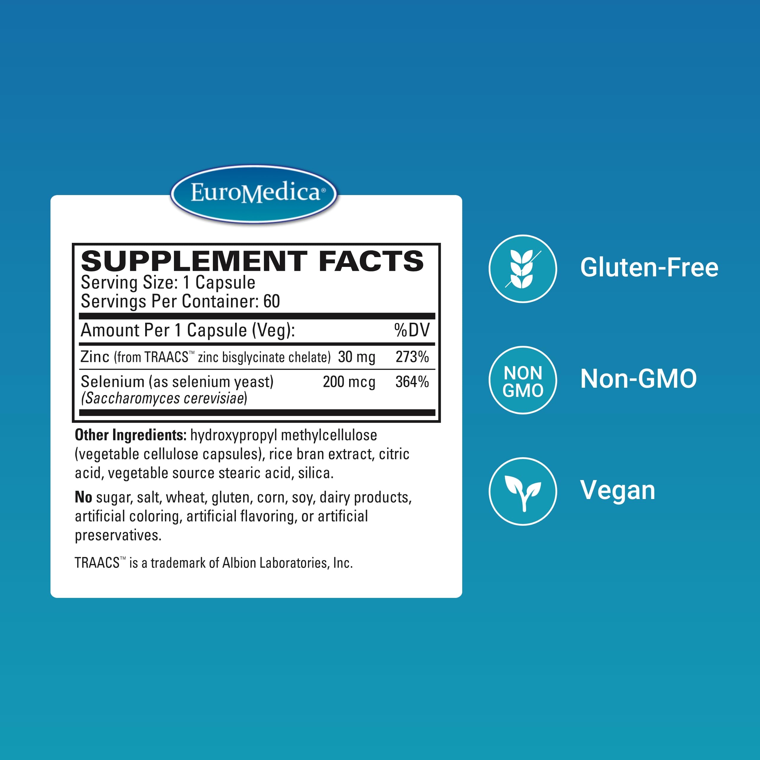 EuroMedica Zinc Plus Selenium - Immune & Respiratory Health Support Supplement - Mineral Supplement with Zinc Bisglycinate Chelate - Formula with Selenium for Cellular Health Support - 60 Capsules