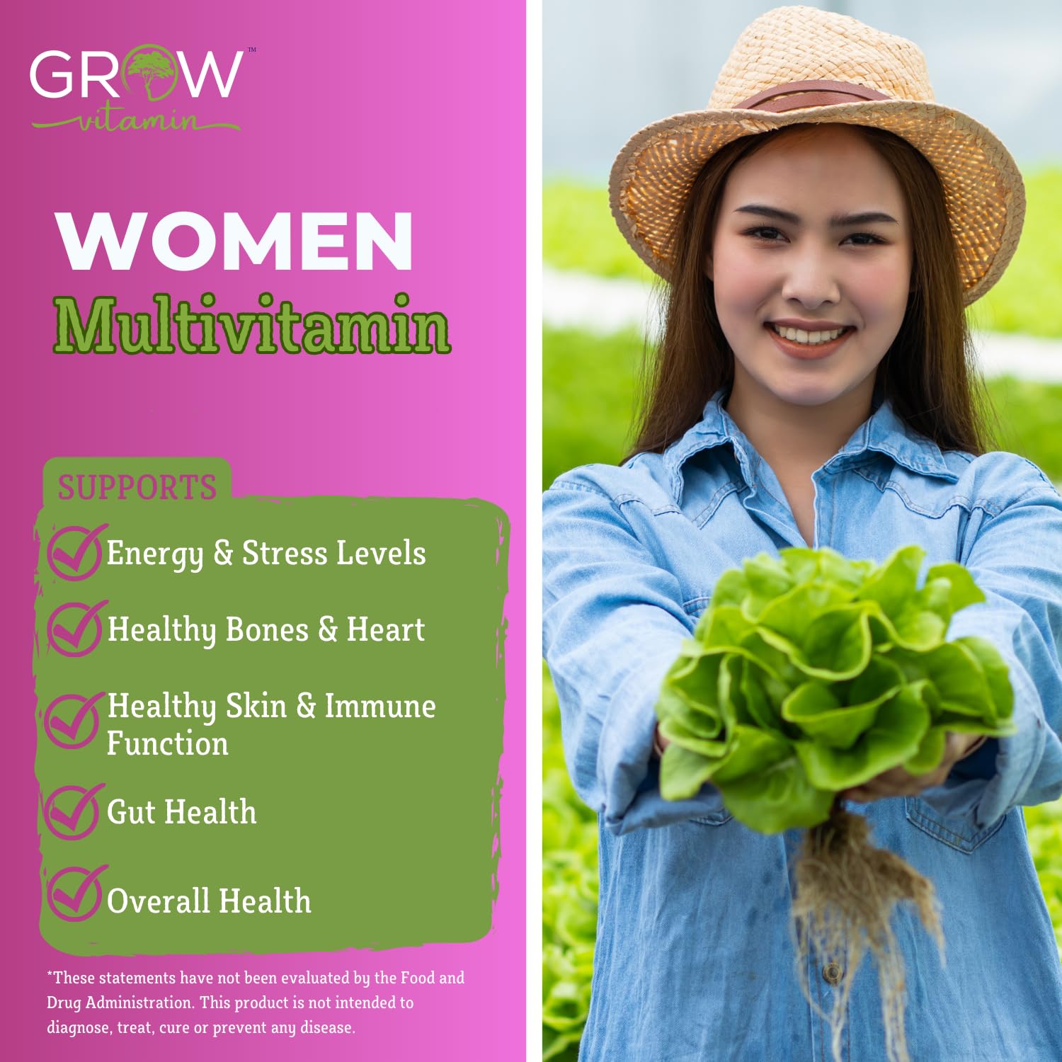 grow vitamin One Daily Multivitamin for Women - Energy Support - Whole Food Supplement to Nourish Hair, Skin, Nails - Non-GMO - No Soy - Gluten Free - 60 Capsules - 2 Month Supply
