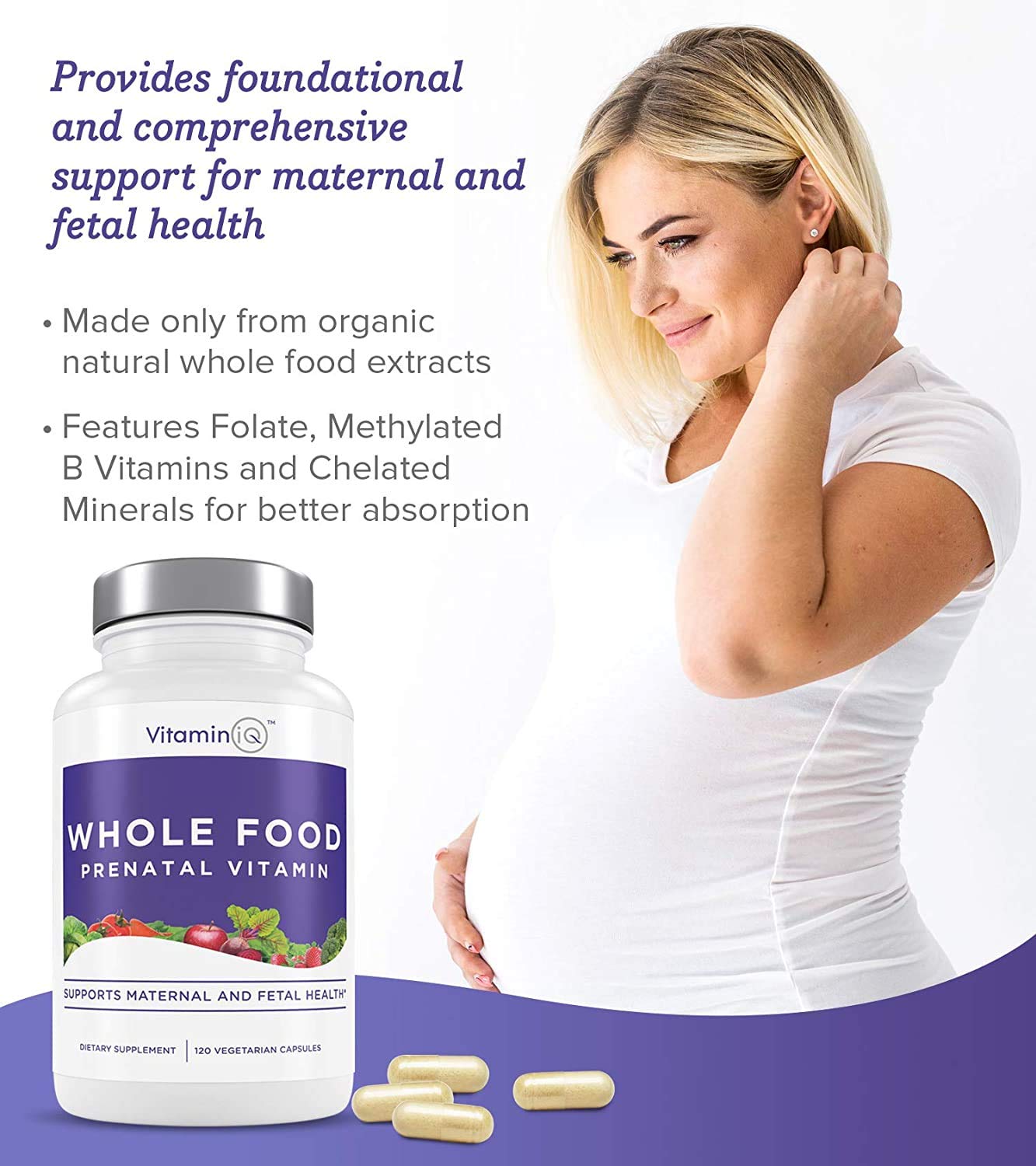 Whole Food Prenatal Vitamins (120 Capsules) Natural Support for Maternal and Fetal Health, Prenatal Multivitamin for Women with Choline, B Vitamins and More, Vegan, No Soy, Gluten or Dairy