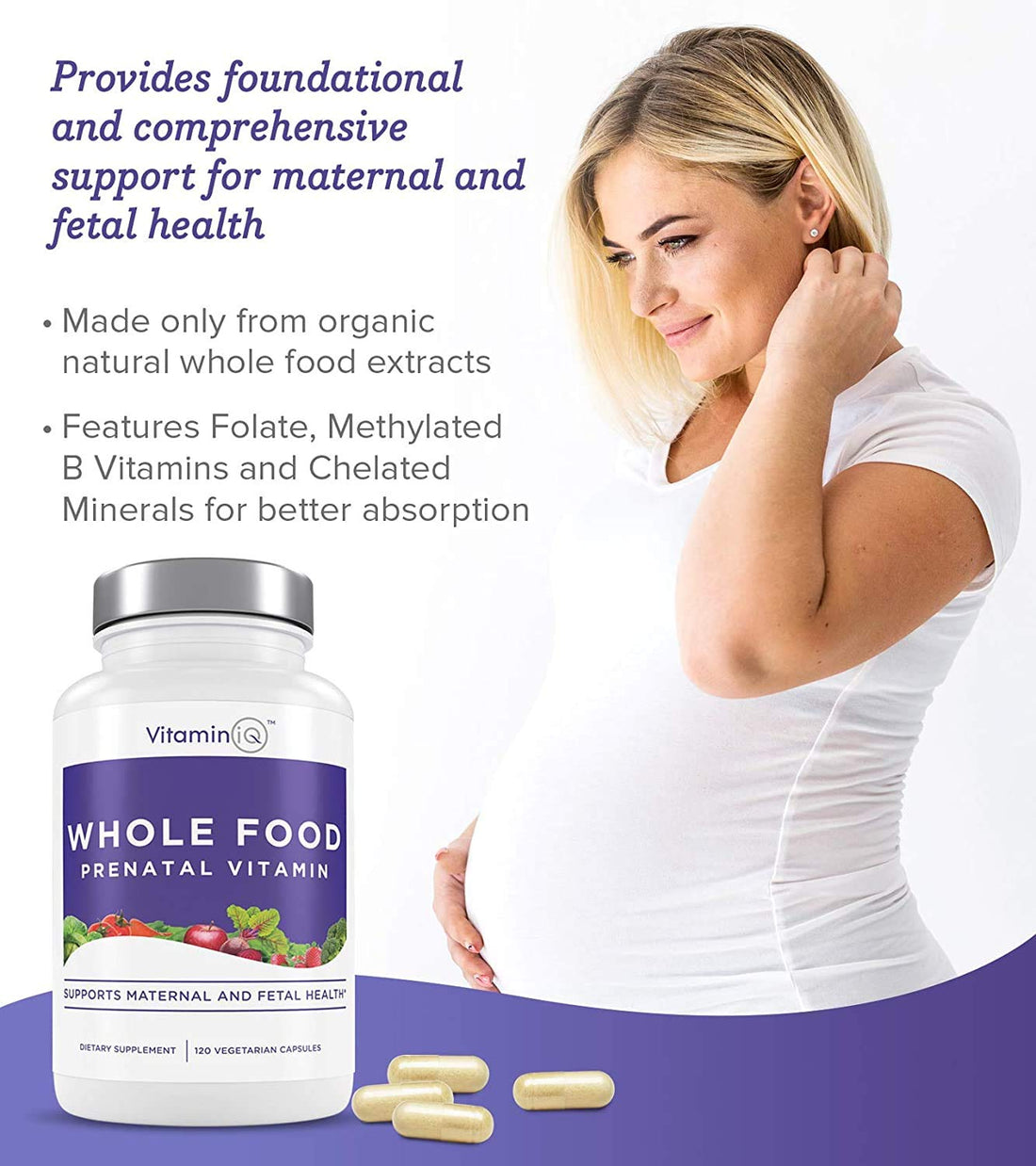 Whole Food Prenatal Vitamins (120 Capsules) Natural Support for Maternal and Fetal Health, Prenatal Multivitamin for Women with Choline, B Vitamins and More, Vegan, No Soy, Gluten or Dairy