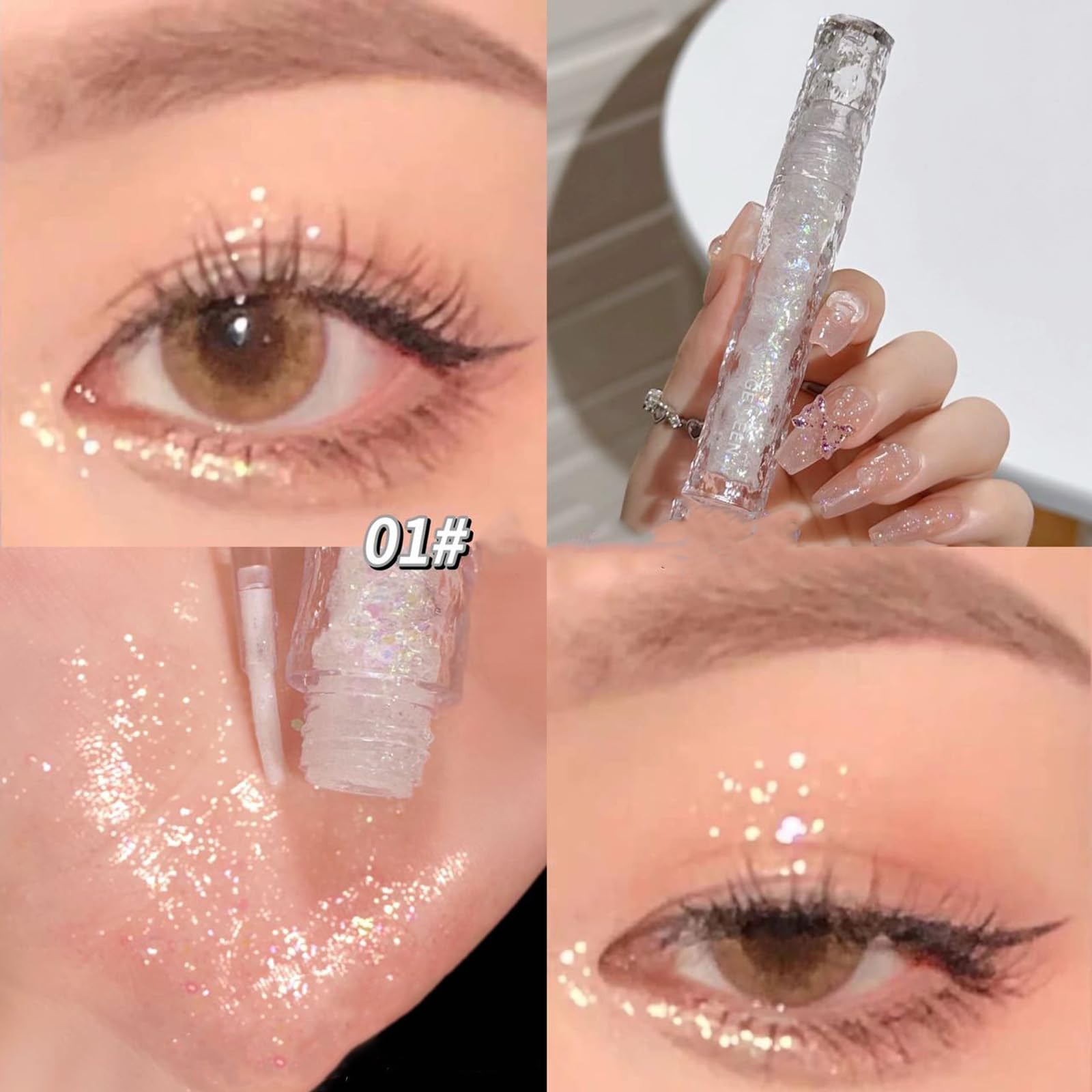 Gireatick 6pcs Liquid Glitter Eyeshadow Set, Shimmer Eye Make Up for Korean Crystals Makeup, Quick Drying, Pigmented and Long Lasting Eyeshadow Eye Liner, Silver Pink Gold Crystals Eye Glitter Makeup