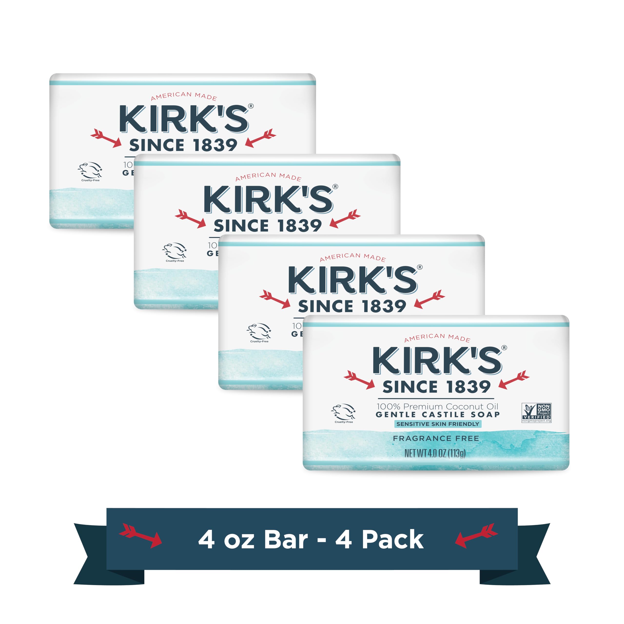 KirkS Original Coco Castile Soap Fragrance Free 4 Oz, Pack 18