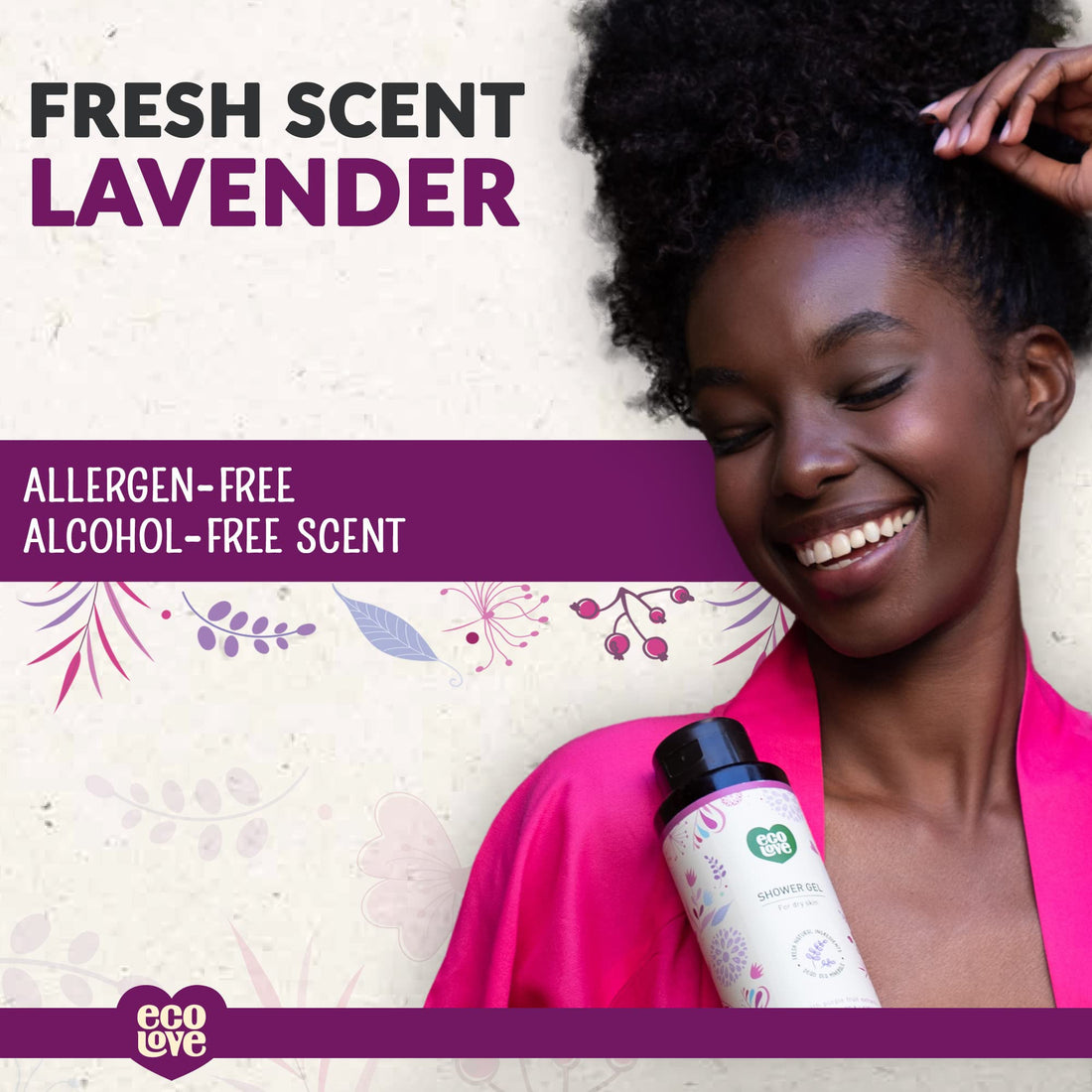 ecoLove Shower Gel for dry skin - Made with organic purple fruit extracts Blueberry, Grape & Lavender. 100% VEGAN (17.6 Oz)