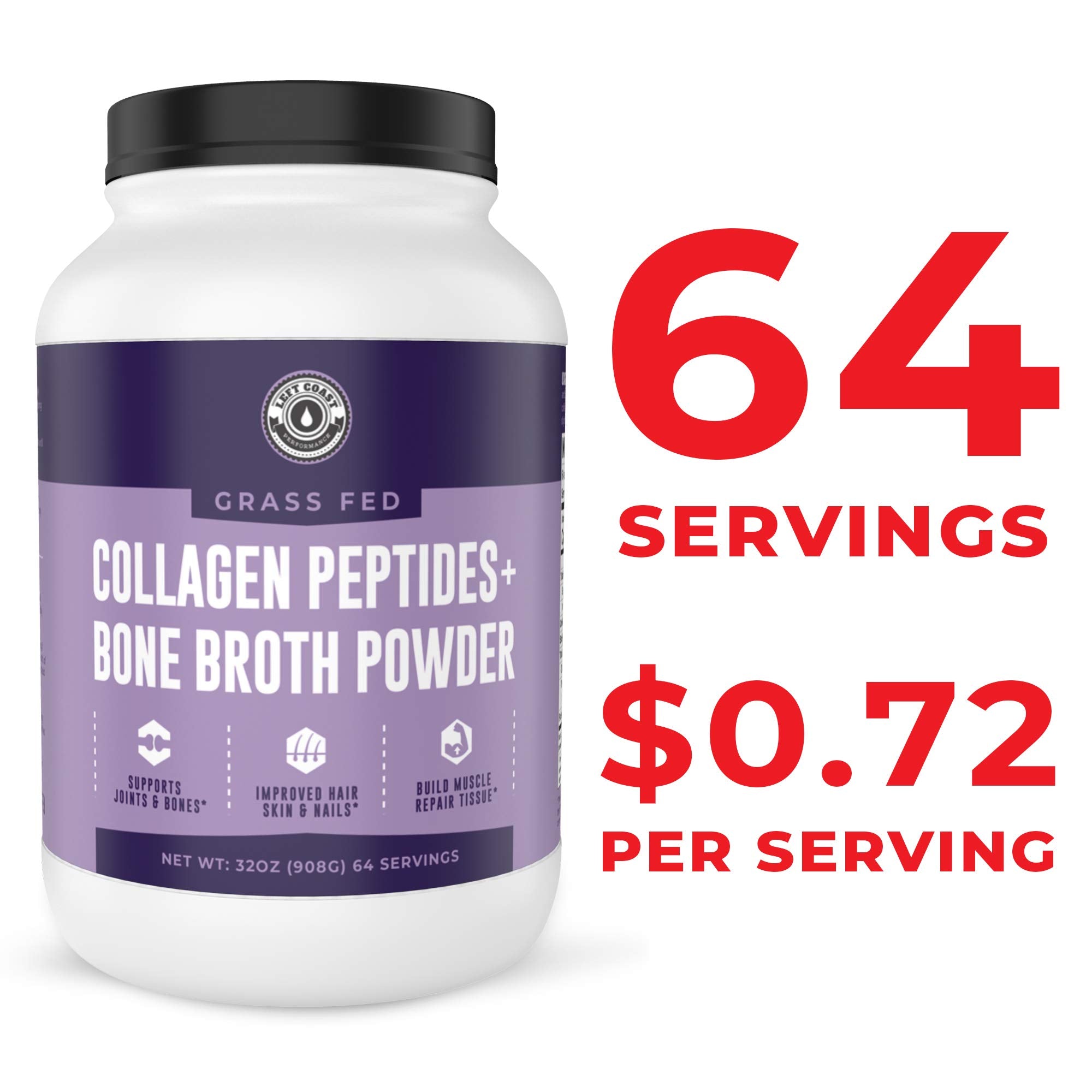 Left Coast Performance Collagen Bone Broth Powder 2lb, Bone Broth with Grass Fed Collagen Peptides. Unflavoured, Grass Fed, Hydrolyzed Beef, Zero Carb, Dairy Free Protein Powder. 64 Servings