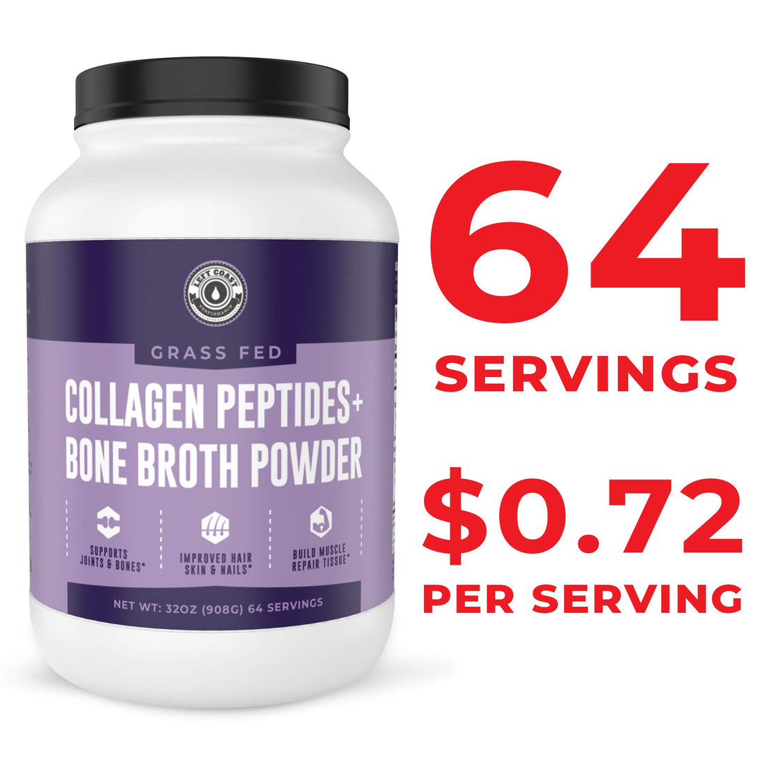 Left Coast Performance Collagen Bone Broth Powder 2lb, Bone Broth with Grass Fed Collagen Peptides. Unflavoured, Grass Fed, Hydrolyzed Beef, Zero Carb, Dairy Free Protein Powder. 64 Servings