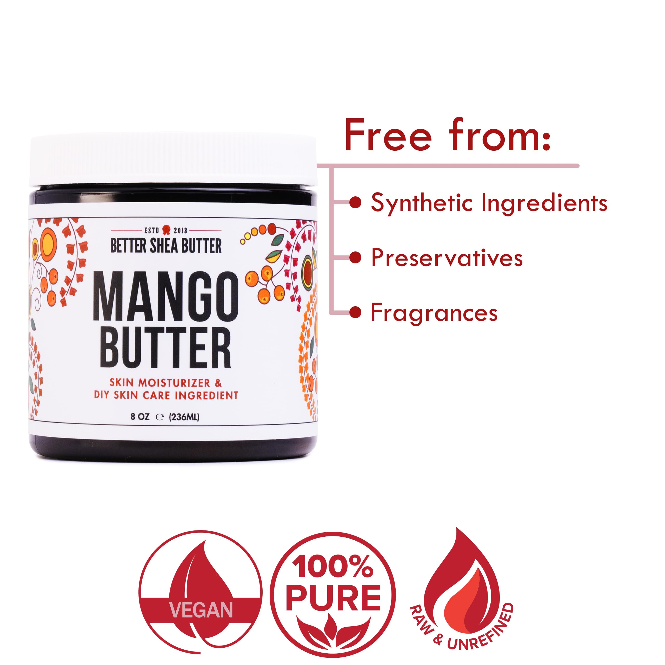 Raw Mango Butter - 100% Pure Mango Seed Butter - Natural Moisturizer for Skin and Hair - Use with Shea in DIY Body Butter, Lip Gloss, Lotion Bar and Soap Making, 8 oz Jar