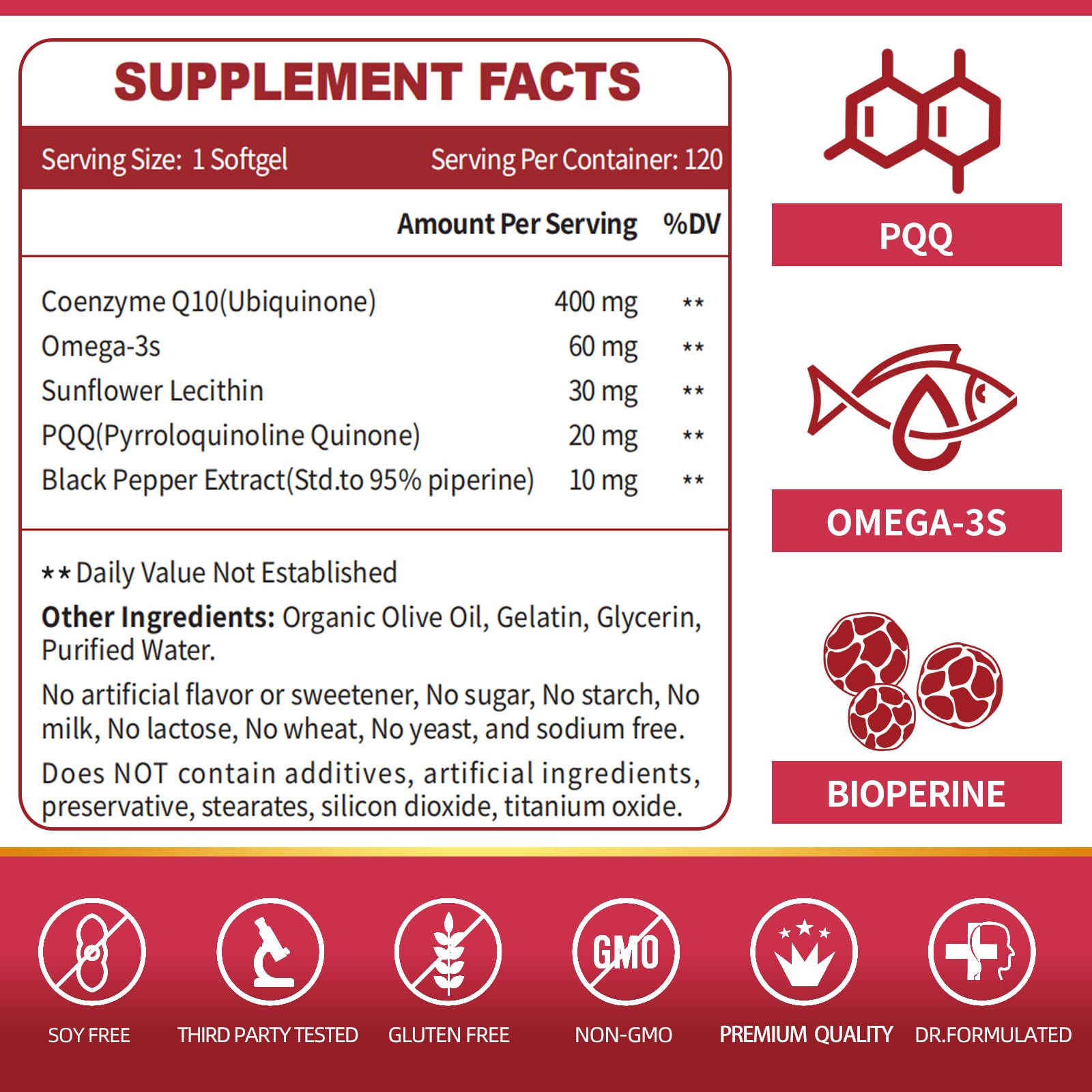 CoQ10-400mg-Softgels with PQQ, BioPerine & Omega-3, Coenzyme Q10(Ubiquinone) Supplement for High-Absorption, Powerful-Antioxidant, Support Heart & Energy-Production, 120 Servings