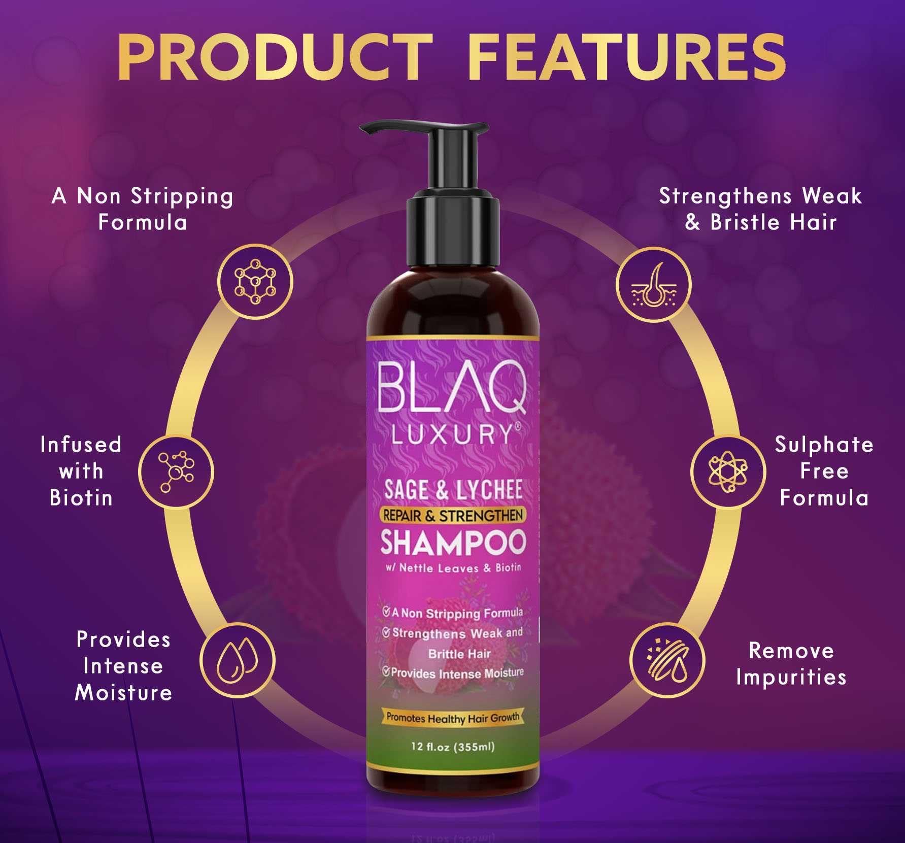 Blaq Luxury Sage & Lychee Repair and Strengthen Shampoo - Infused with Biotin and Nettle - Sulfate-Free Formula for All Hair Types - Promotes Hair Repair, Growth, and Scalp Health - 12 fl oz