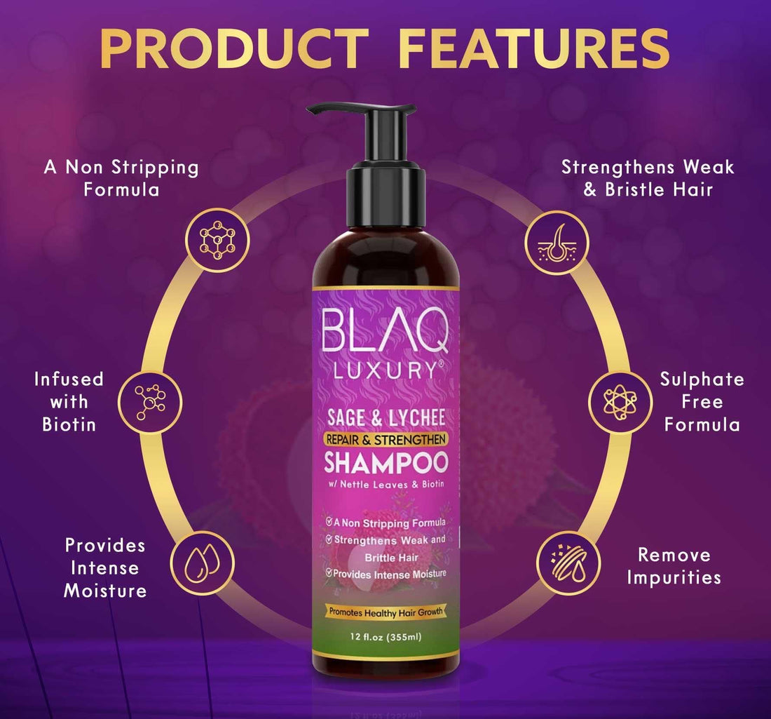 Blaq Luxury Sage & Lychee Repair and Strengthen Shampoo - Infused with Biotin and Nettle - Sulfate-Free Formula for All Hair Types - Promotes Hair Repair, Growth, and Scalp Health - 12 fl oz