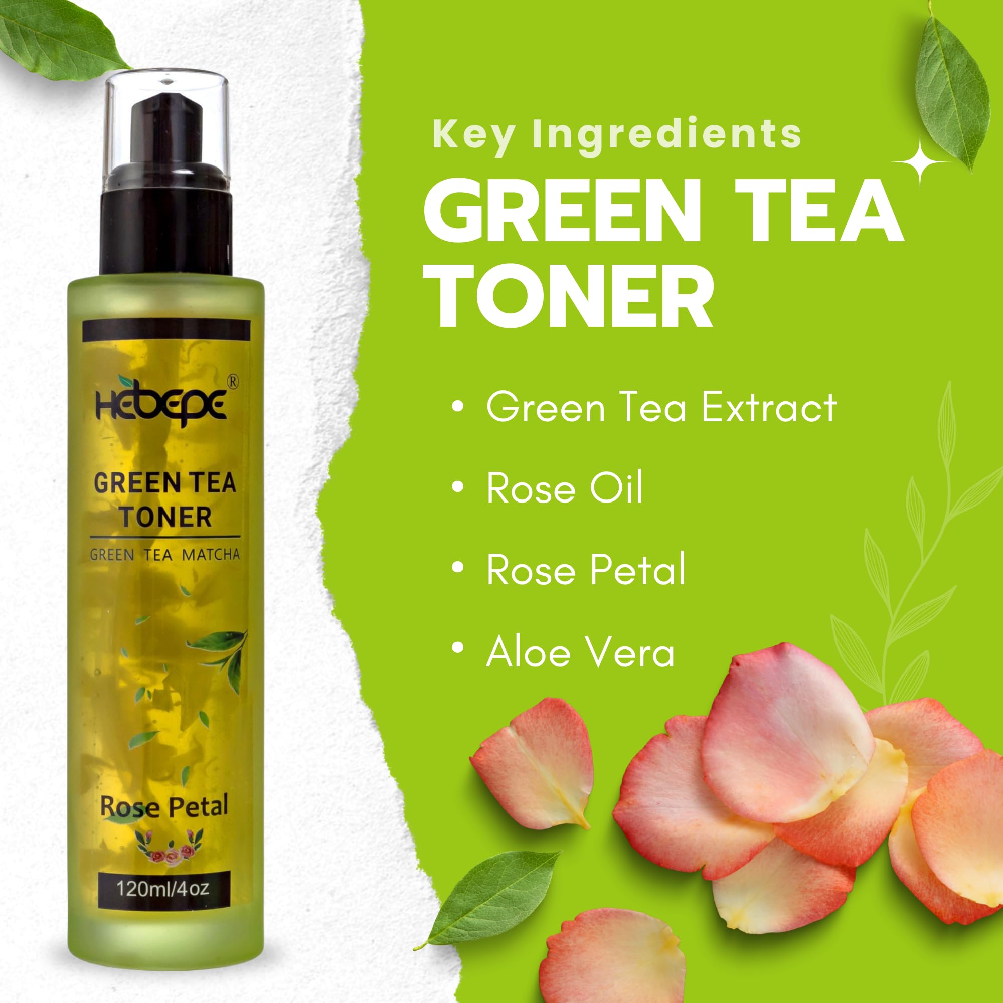 Hebepe Green Tea Matcha Facial Toner with Rose Petal, Refreshing, and Soothing Face Toner, with Rose Oil, Aloe Vera,120ml