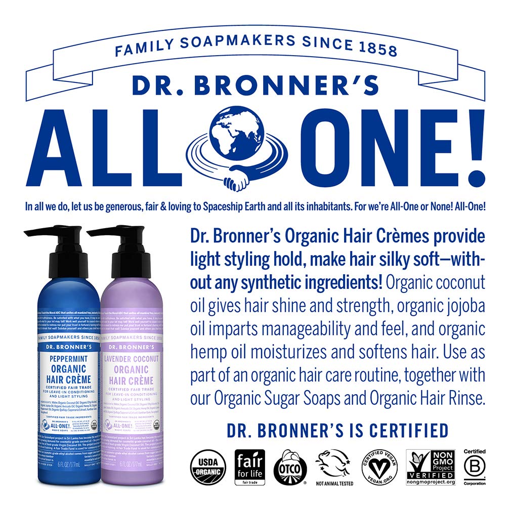 Dr. Bronner's Magic All-One! Organic Fair Trade Hair Creme, Peppermint, 6-Ounce Pump Bottles