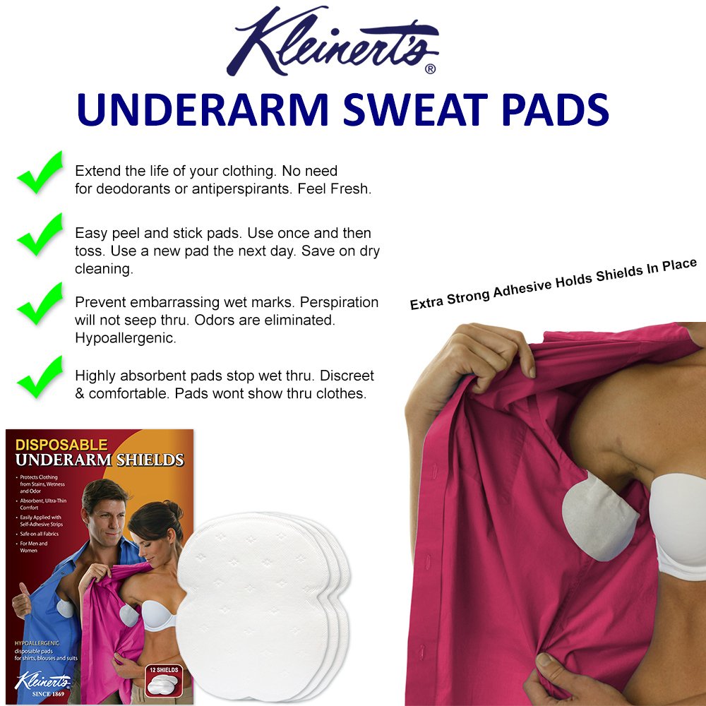 Kleinertâ€™s Disposable Peel & Stick Absorbent Underarm Pads. 12 PADS (6 Pair) Style # MW-4900. Measures 5 W x 5 3/4 L. Discreet, Comfortable, Sweat Free, Odor Blocker, Peel And Stick Dress Shields