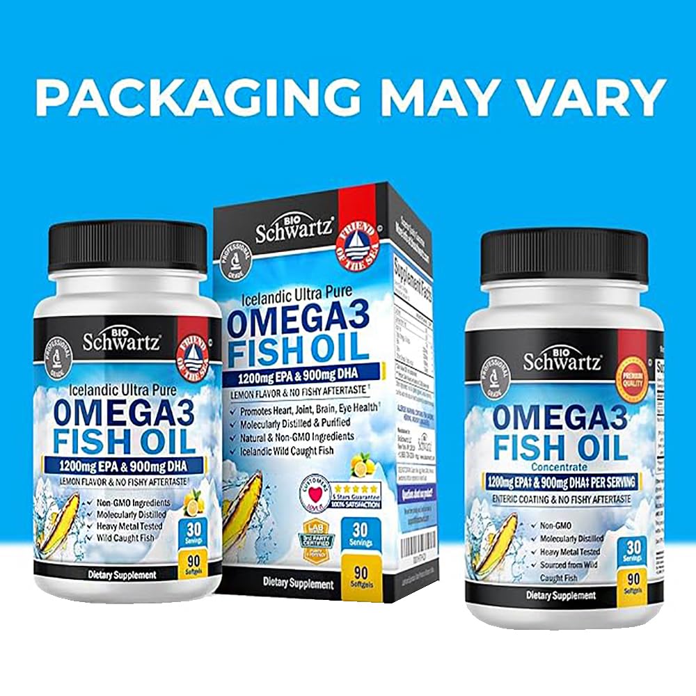 Triple Strength Omega 3 Fish Oil Supplement - 2250mg EPA DHA Omega 3 Fatty Acids from Fresh Wild Caught Fish, Supports Joint, Eyes, Brain Health - Burpless Lemon Flavor, Gluten Free, 90 Softgels