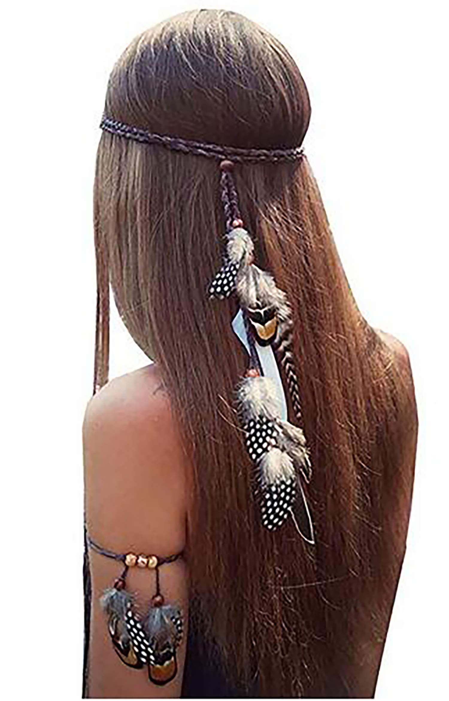 Set of 2 Gypsy Hippie Feather Headband Headdress and Armband Bohemian Headwear Headpiece Handmade Tribal Indian Fascinator Feather Hairband Hair Accessories for Women Lady (A#)