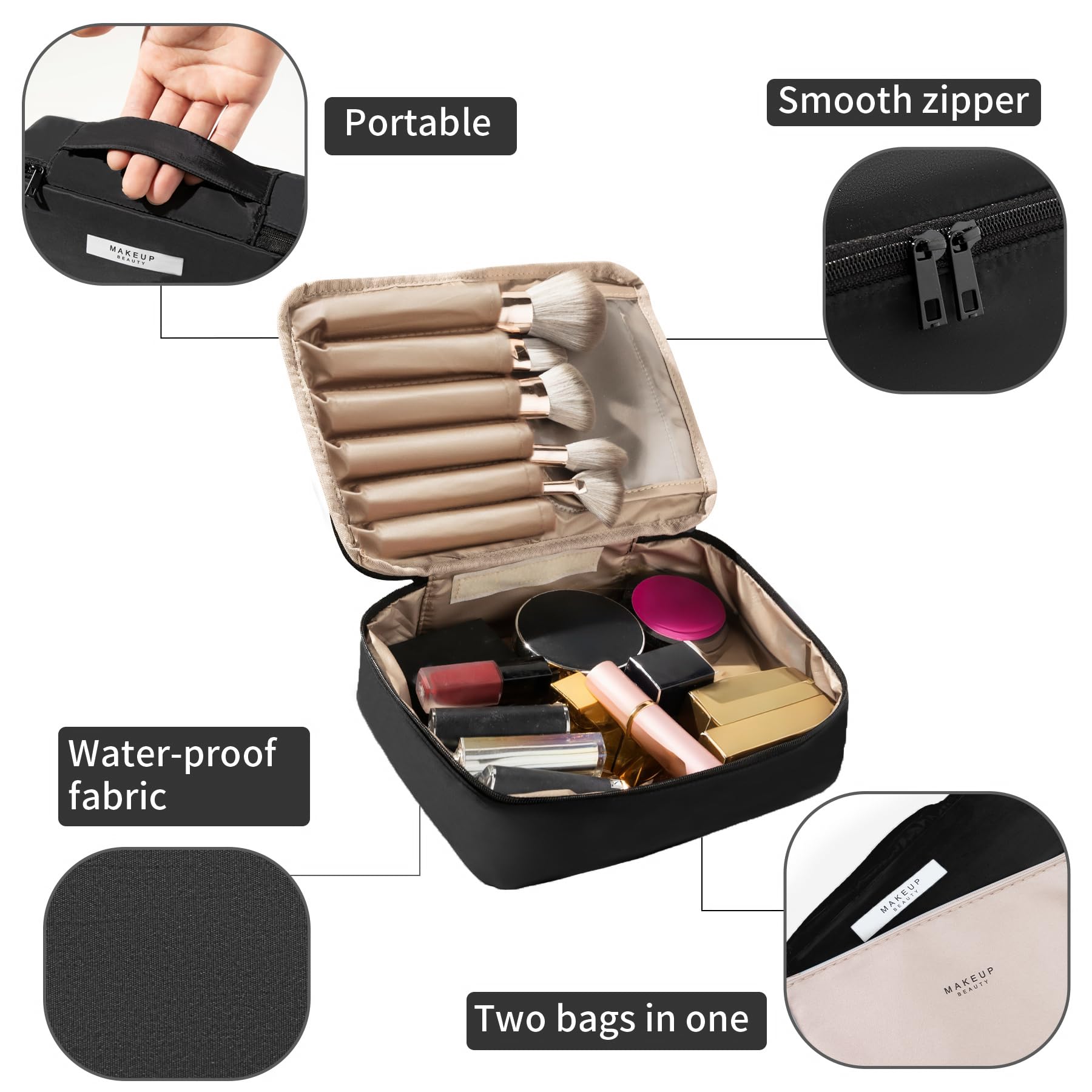 Queboom Travel Makeup Bag Cosmetic Bag Makeup Bag Toiletry bag for women and men (Black)
