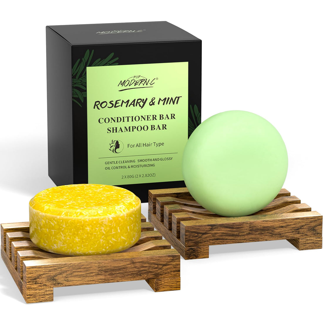 POP MODERN.C Rosemary Solid Shampoo and Conditioner Bar Set for Hair Growth, Moisturizing, 160g, 2.8219 Ounce, 2x80g Soaps, 2 Wooden Holder, Mother's Day Gift
