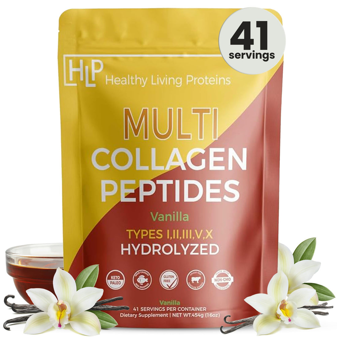 Healthy Living Proteins - Hydrolyzed Multi Collagen Peptides Powder Types I, II, III, V & X - Grass Fed Bovine, Wild Caught Marine, Free Range Chicken - Gluten Free (Vanilla, 16 oz)