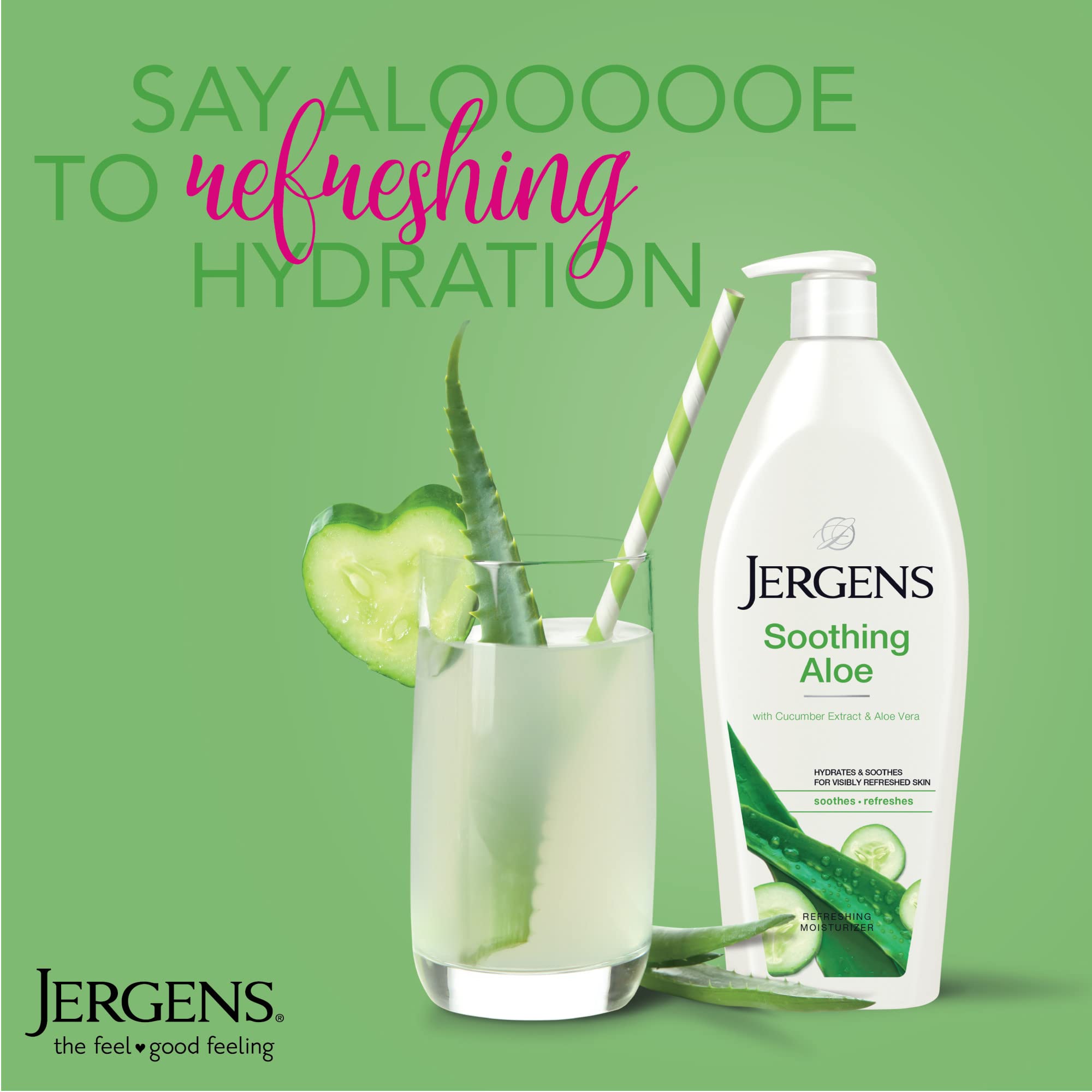 Jergens Soothing Aloe Body Lotion, Aloe Vera Body and Hand Moisturizer, Illuminating Hydralucence Blend, with Cucumber Extract, Dermatologist Tested, 21 Oz
