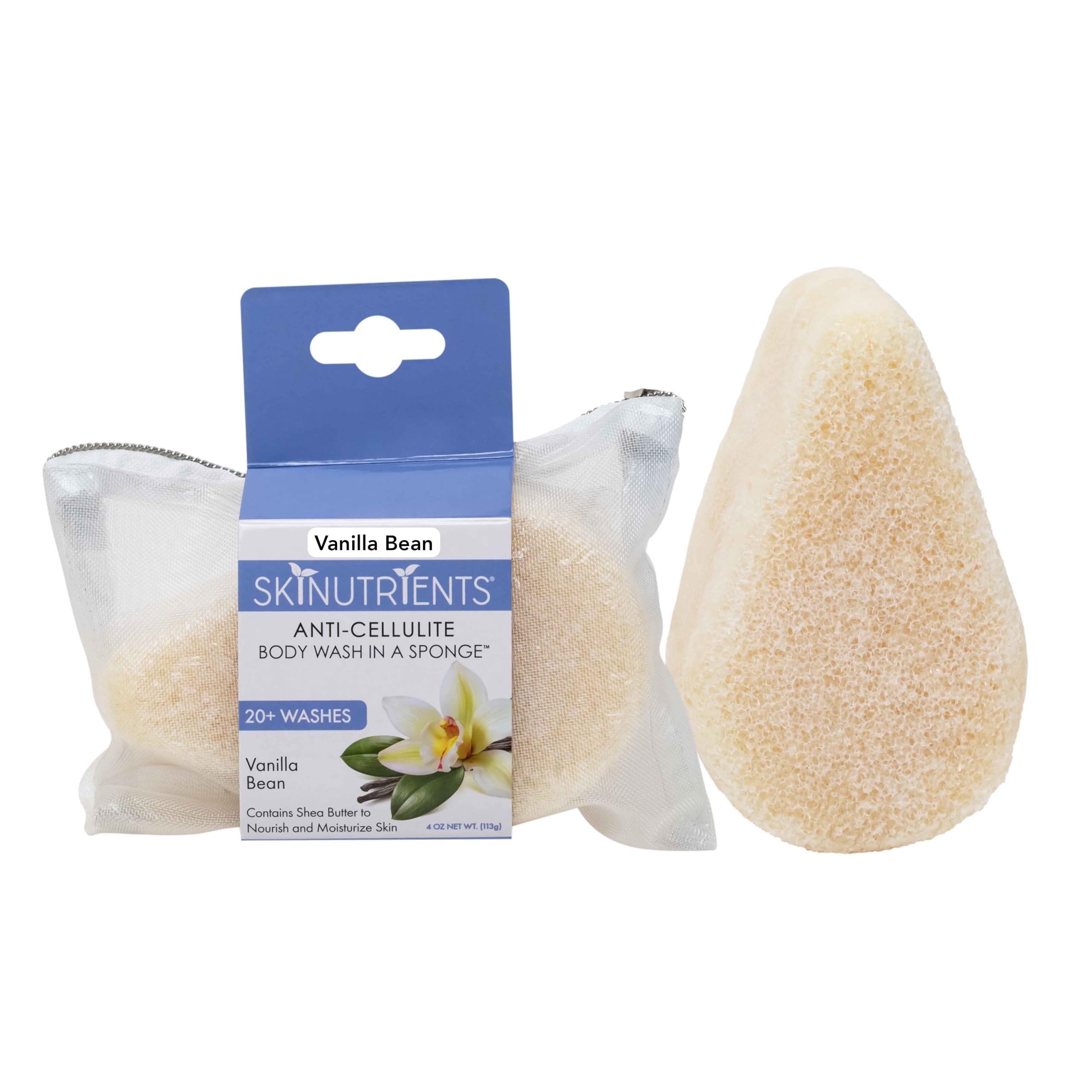 Spongeables Skinutrients Anti-Cellulite Body Wash in a Sponge, Vanilla Bean Scent, Spa Cellulite Massager, Moisturizer and Exfoliator, 20+ Washes, 4 Ounce Sponge
