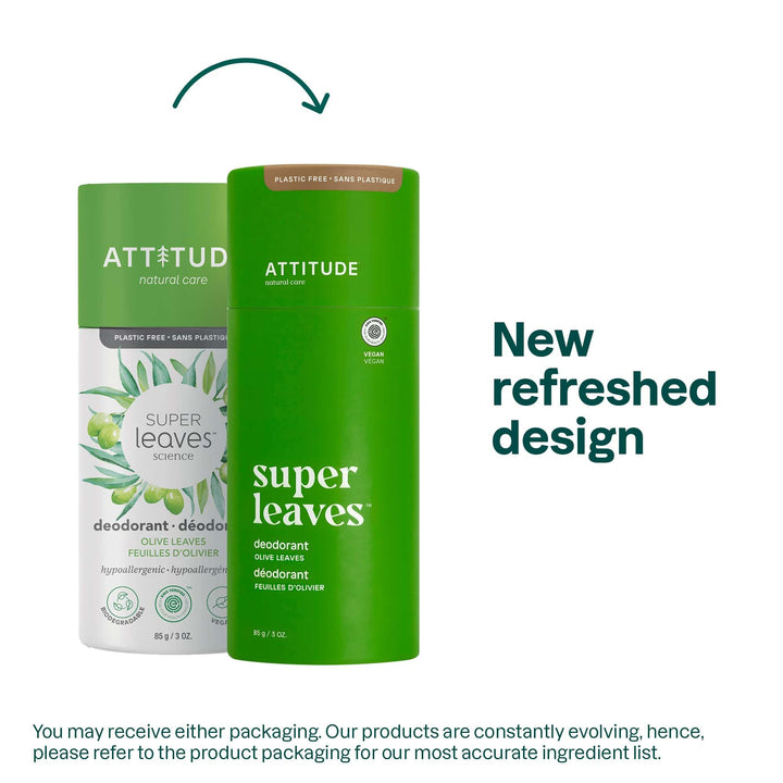 ATTITUDE Natural Deodorant, Biodegradable Cardboard Tube, Aluminum & Plastic Free, Hypoallergenic, Olive Leaves, 3 Oz (Packaging May Vary)