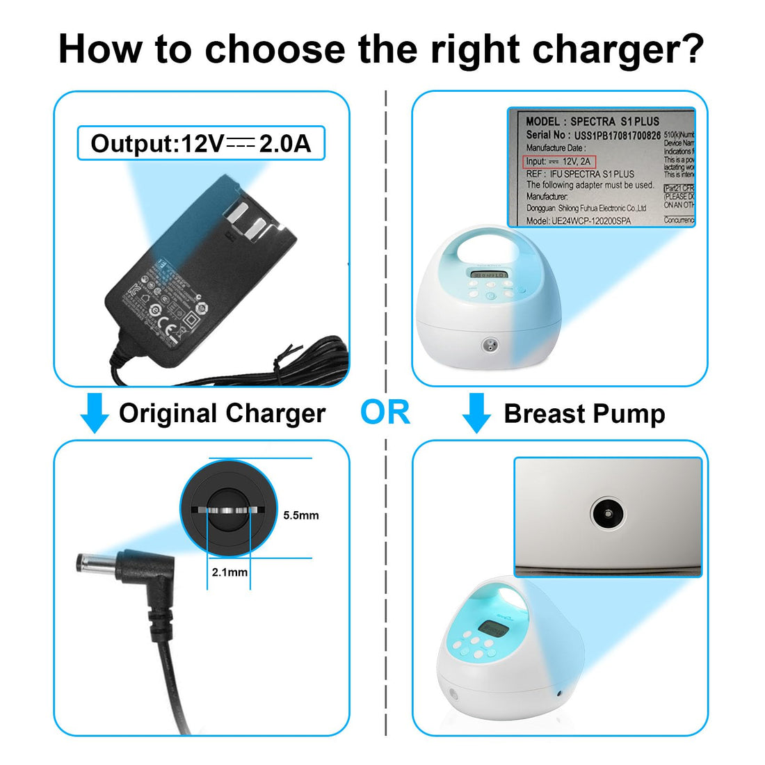 12V Pump Charger for Spectra S1, S2, Plus, S3 Pro, SG Synergy Gold, SPS100, SPS200, M1, 10FT Power Cord Charging Cable - Led Light (Black)
