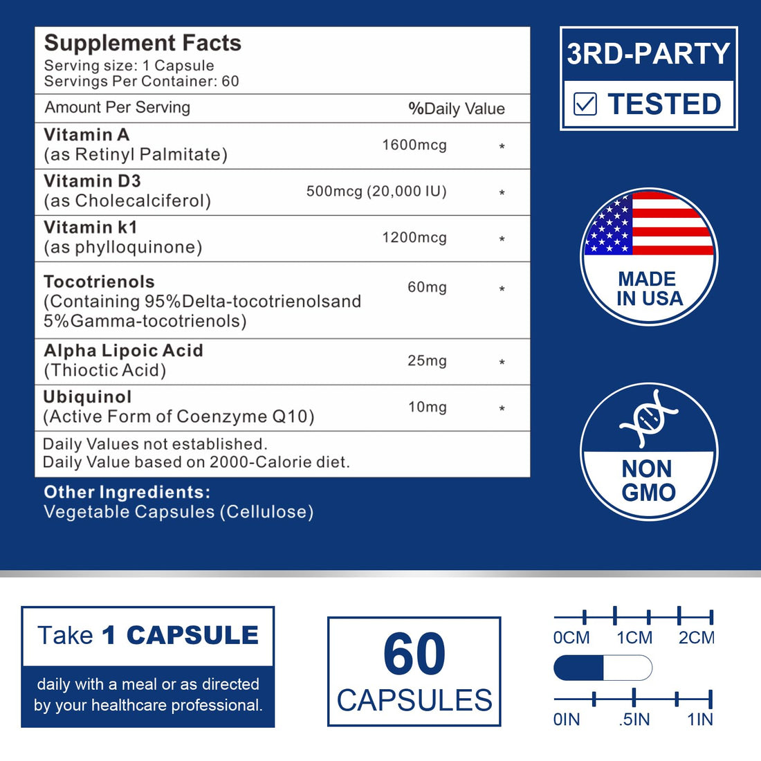 VITACRLLYNMN ADK Vitamin Supplement 20000 IU - High Potency Vitamins A, D3 and K1 for Heart, Bone Health and Immune Support Vitamin ADK 60 Capsules