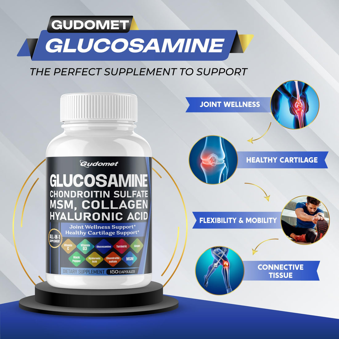 GUDOMET Glucosamine Chondroitin sulfate Methylsulfonylmethane Hyaluronic Acid Turmeric Ginger Vitamin C, D3, Black Pepper -150 Capsules- Made in USA