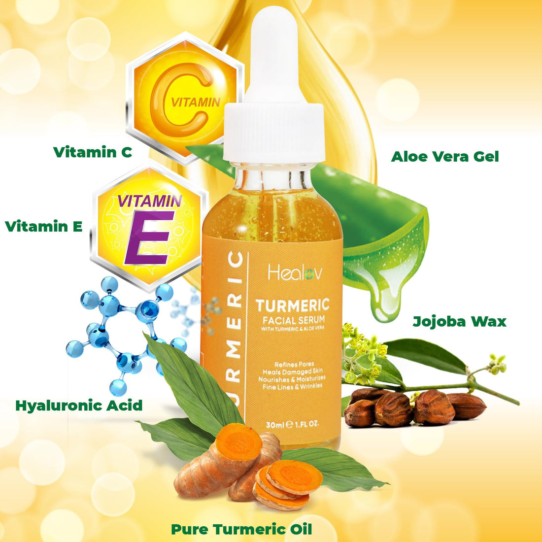 Turmeric Oil for Face & Body - All Natural Turmeric Skin Brightening Oil for Dark Spots - Turmeric Facial Repair Serum Cleanses Skin, Fights Acne, Evens Tone, Heals Scars - Turmeric Serum for All Skin