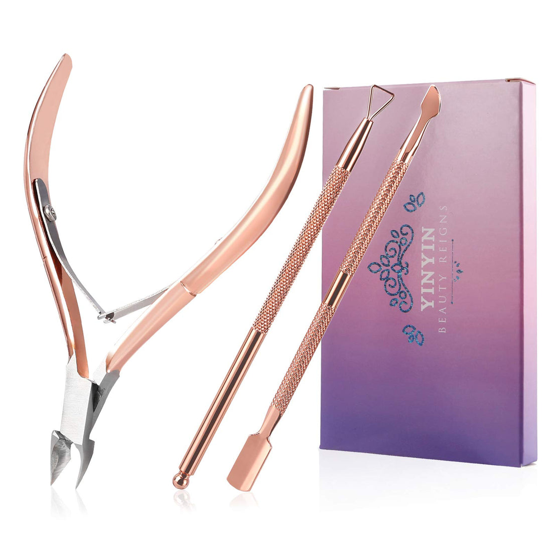Cuticle Trimmer with Cuticle Pusher and Cutter,YINYIN Cuticle Remover Cutter Nipper Clippers Durable Pedicure Manicure Tools for Fingernails and Toenails(D501-RoseGold)…