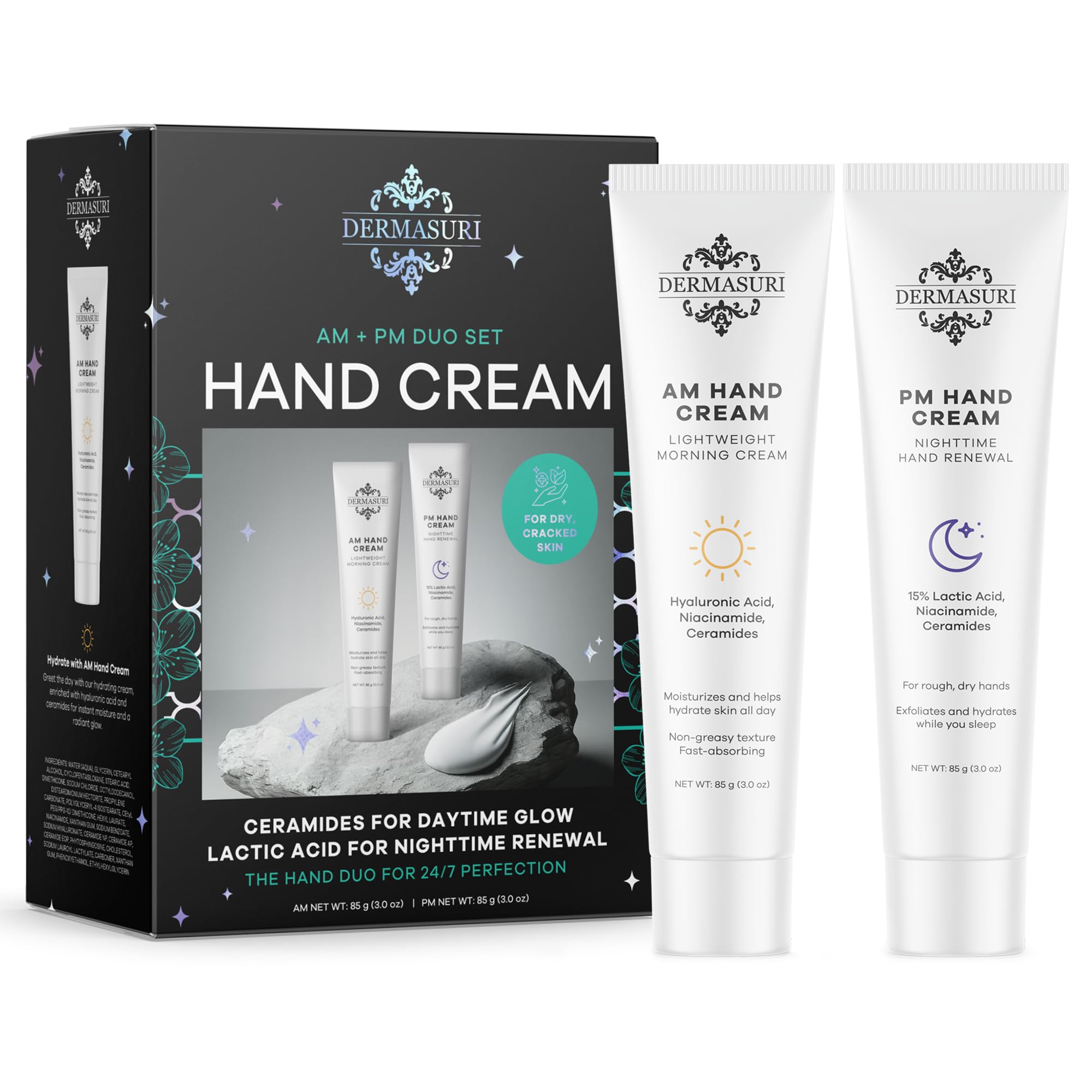 Dermasuri Day and Night Therapeutic Hand Cream for Dry, Cracked Hands - AM Lightweight Moisturizing Exfoliator & PM Overnight Renewal Lotion Softening Hydrating Treatment Unscented 3 oz Each Pack of 2