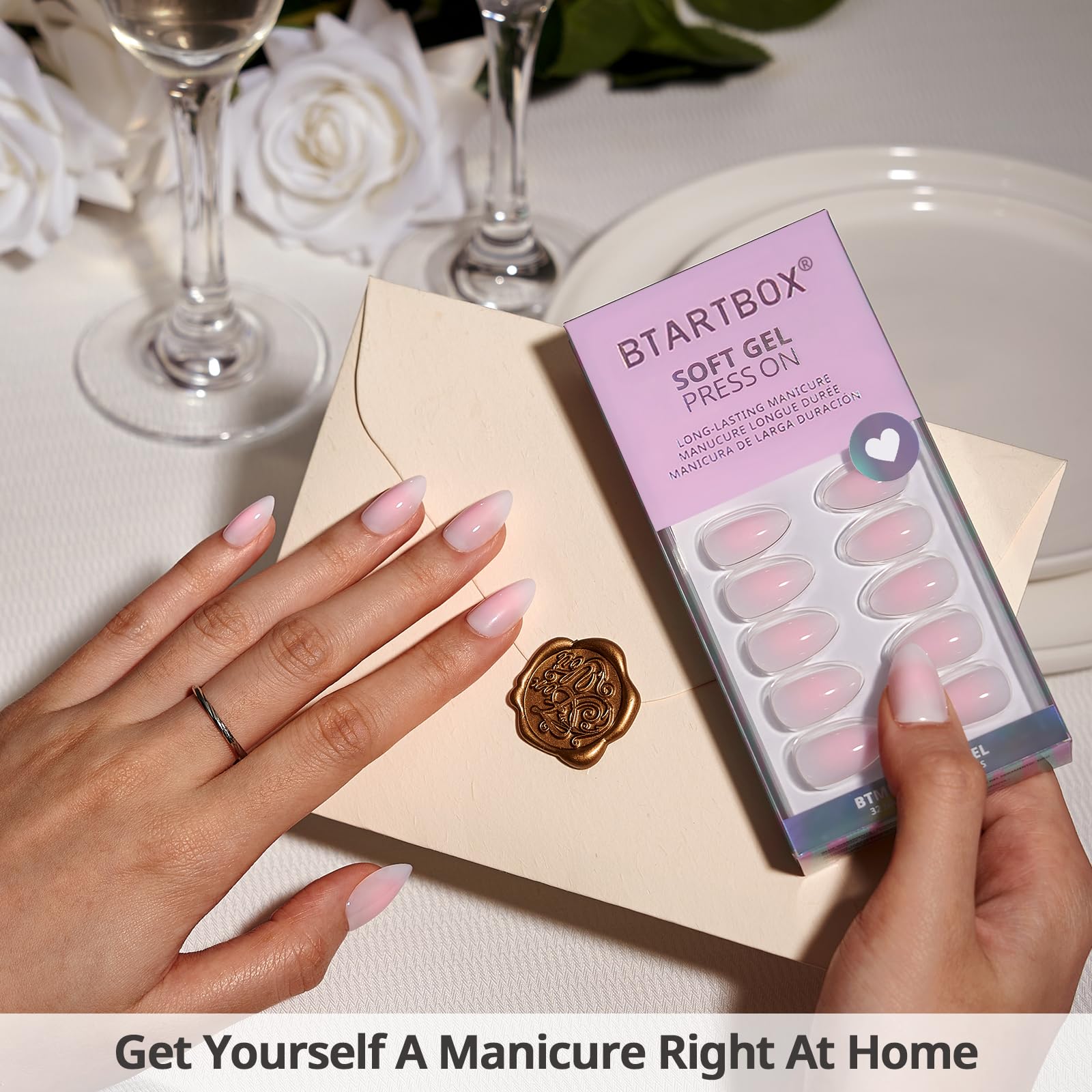 BTArtbox Press On Nails Short - Pink Ombre Almond Press On Nails with Glue for Women, Opaque Soft Gel Glue On Nails in 16 Sizes - 32 Stick On Nails Kit, Love Letter