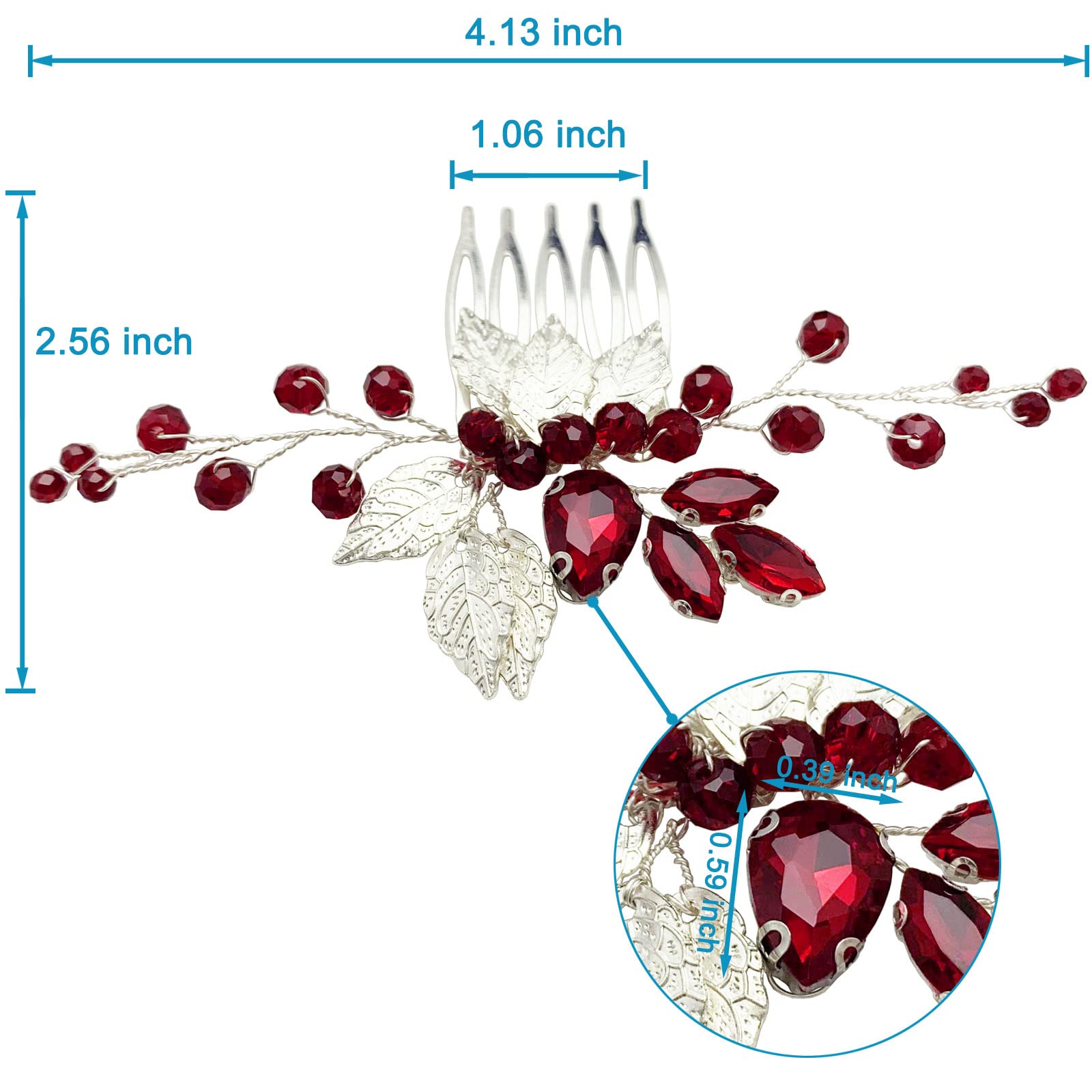 BETITETO Bridal Hair Comb Emerald Green Crystal Gold Leaf Vine Hair Piece Accessories for Wedding Bride Women Party (Wine Red)