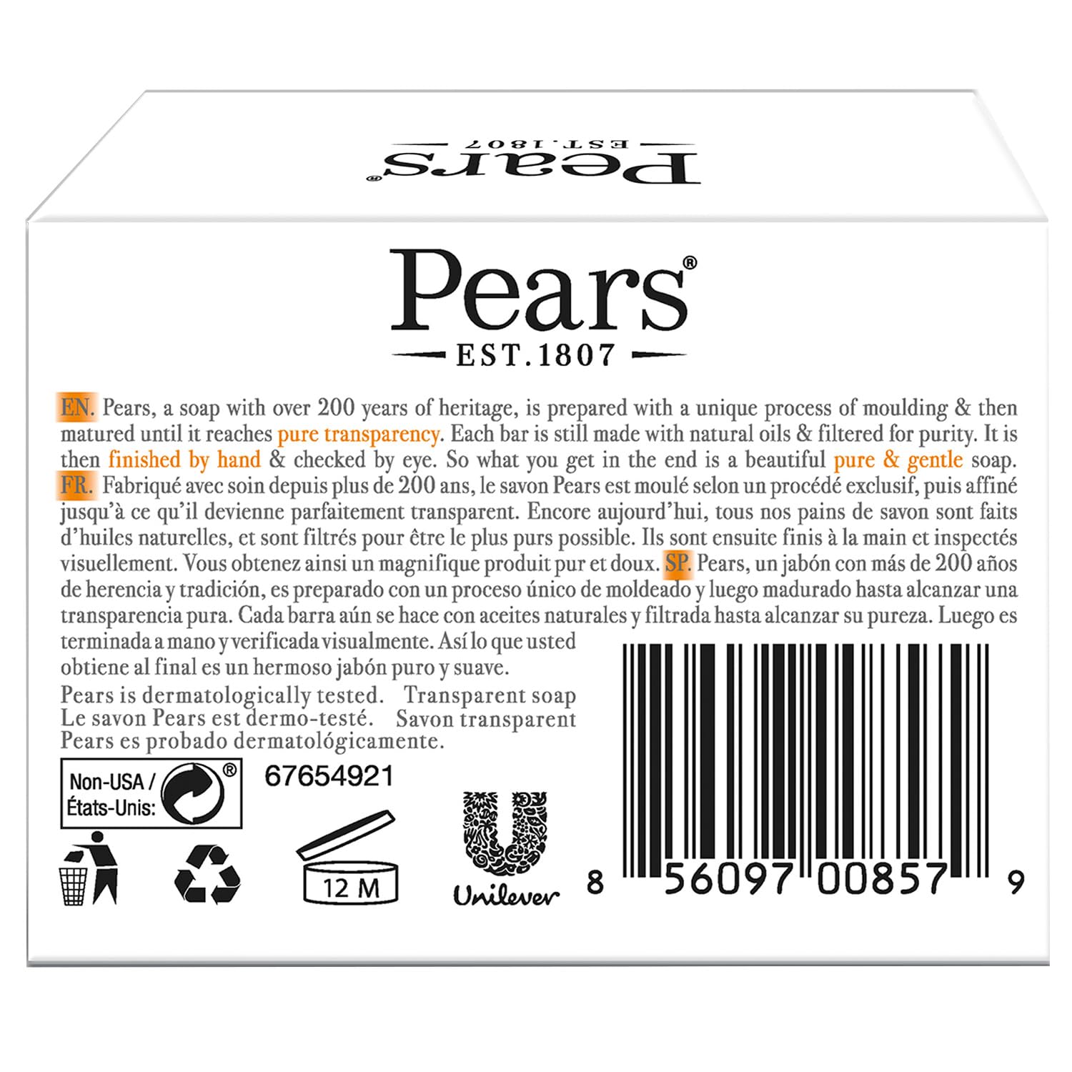Pears Natural Glycerine Transparent Soap, 4.4-Ounce bar (Pack of 12)