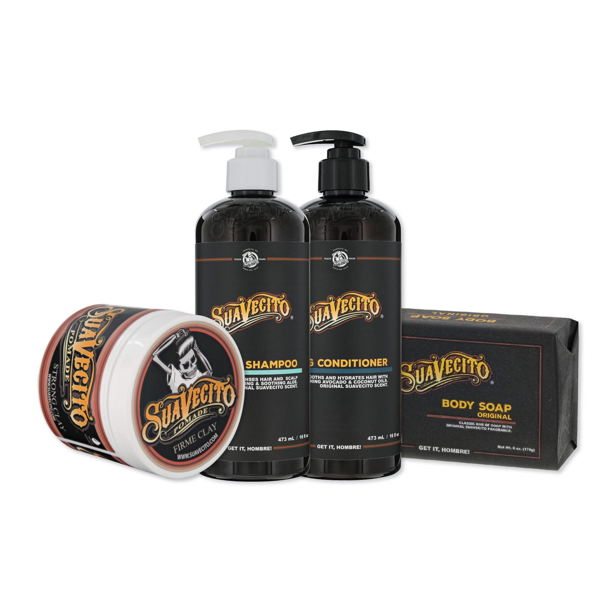 Suavecito Hair & Body Essentials Bundle: Original Hold Hair Styling Pomade, Moisturizing Body Soap, Hydrating Shampoo & Nourishing Conditioner