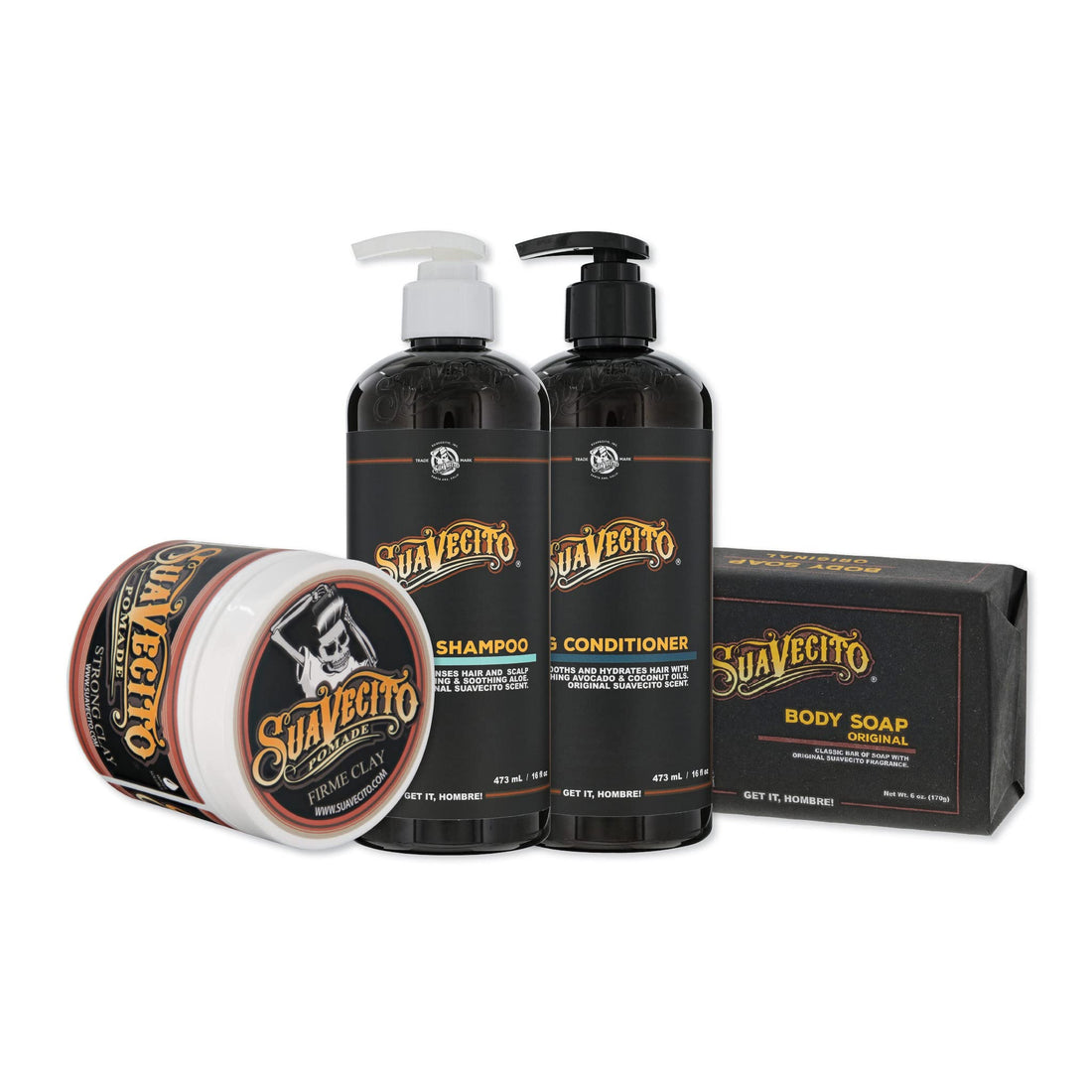 Suavecito Hair & Body Essentials Bundle: Original Hold Hair Styling Pomade, Moisturizing Body Soap, Hydrating Shampoo & Nourishing Conditioner