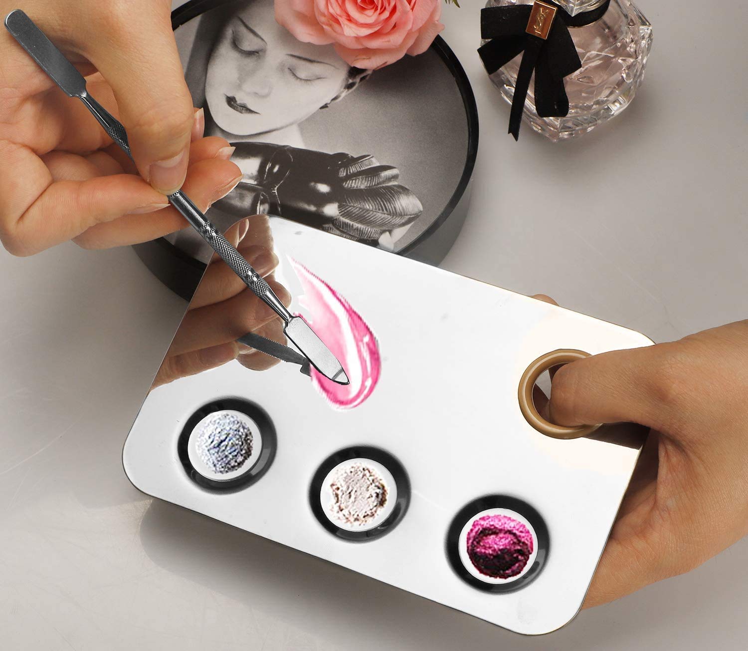 PrettyDate Makeup Palette 6x4inch Stainless Steel 3-well Nail-art Cosmetic Artist Mixing Palette with Spatula Tool for Mixing Foundation Silver